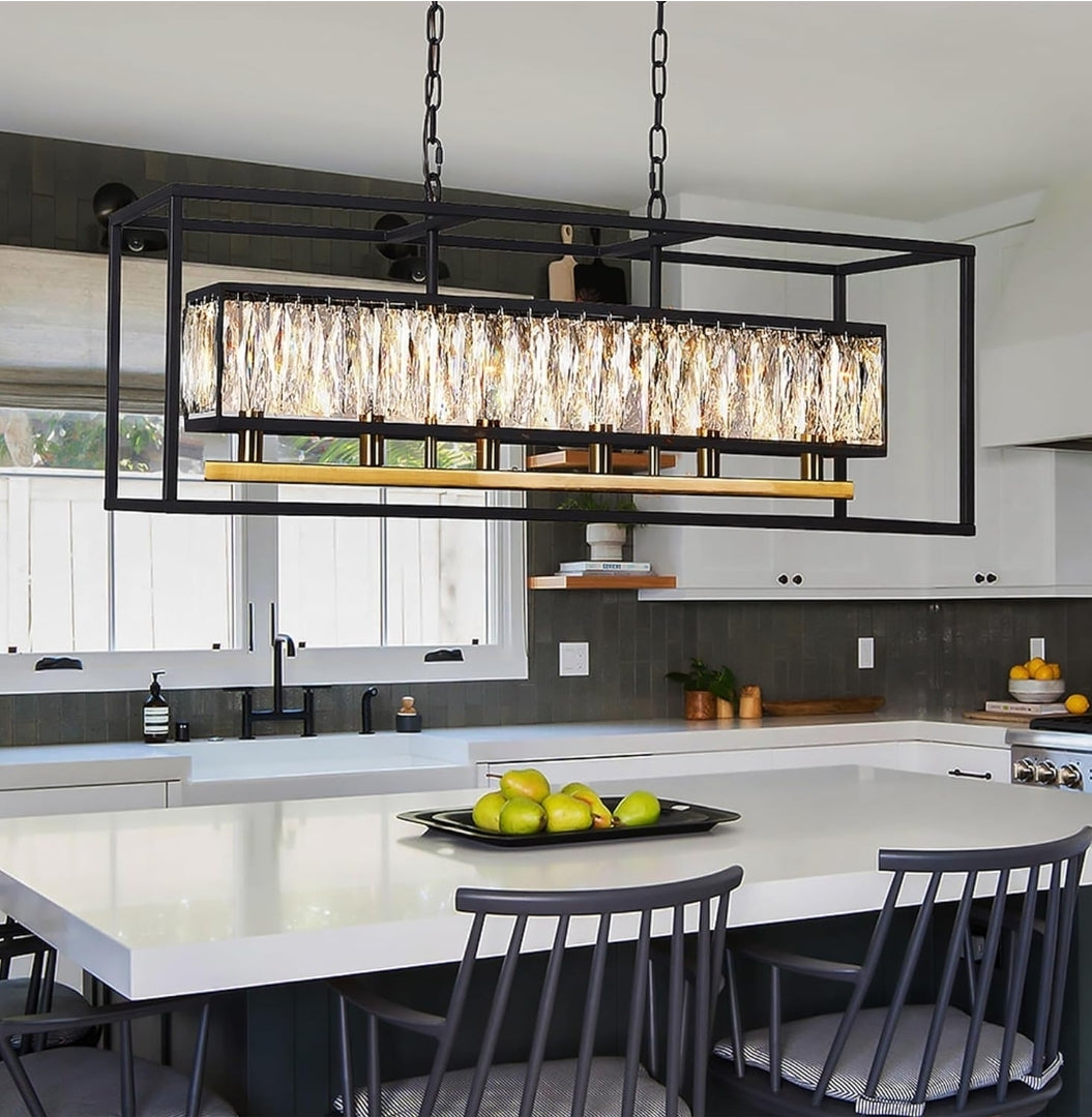 Black Crystal Chandelier for Dining Room 6-Light Rectangle Modern Farmhouse Lighting Linear Contemporary Kitchen Island Pendant Light with Adjustable Chain L35 (UL Certified)