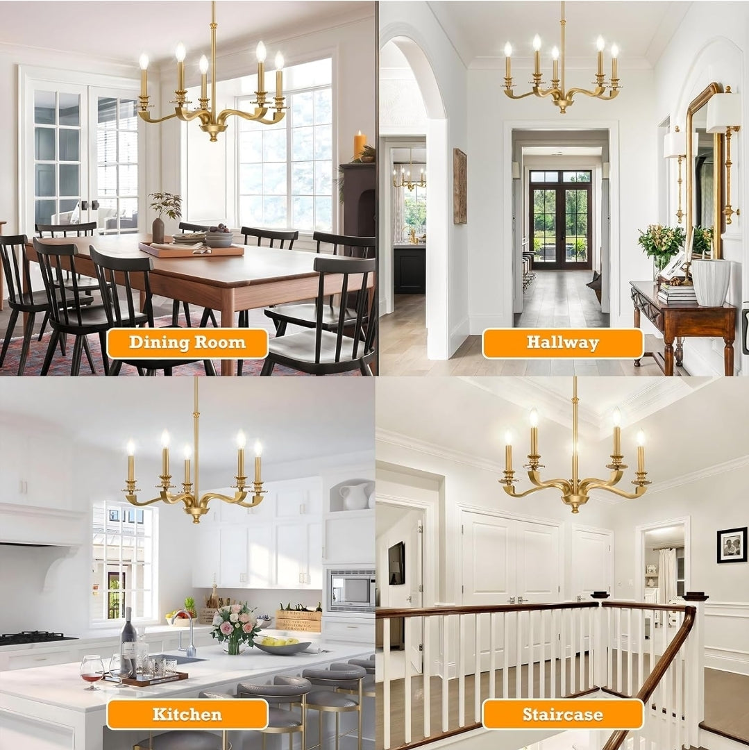 Gold Chandeliers for Dining Room, 25.5 Inch Vintage Gold Chandelier Light Fixture Over Table, Farmhouse Candle Chandeliers, 5-Light Brass Chandeliers for Kitchen, Bedroom, Living Room (E12 Base)