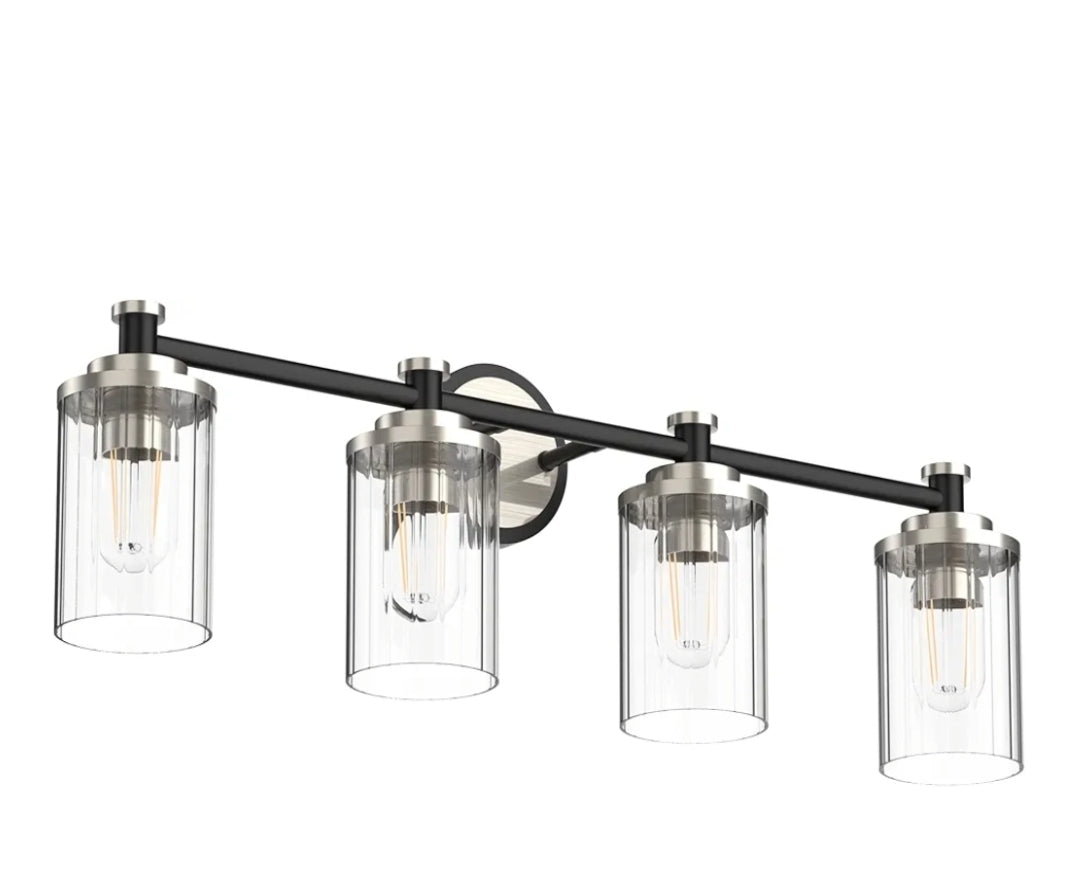 Bathroom Lighting Fixtures Black and Brushed Nickel Bathroom Vanity Light with Cylindrical Clear Stripes Glass Lampshade E26 Socket Base Bathroom Lighting Fixtures Over Mirror (4 Lights)