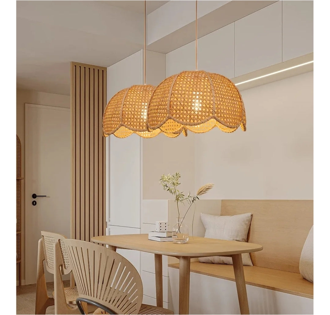 Arturesthome Rattan Woven Pendant Light, Hand-Woven Flower Shaped Ceiling Chandelier, Handmade Hanging Lamp Shade for Dining Room Bar Cafe Rustic Decor D 23.6″*12.59″