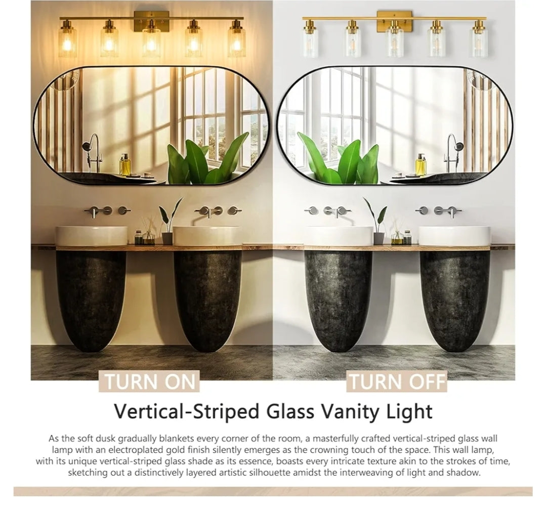 Jonsi Gold 5-Light Bathroom Vanity Light with Glass Shade, Modern Gold Bathroom Lights Over Mirror, W 40.2 x H 10.7 inches