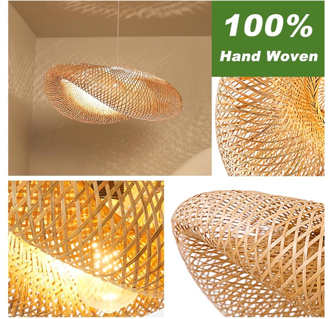 Farmhouse Bamboo Pendant Light Fixtures, Bird's Nest Shape Rattan Chandelier for Kitchen Island, Adjustable Ceiling Mount Hanging Lamp for Living Room, Dining Room, Bedroom, Entryway Decor