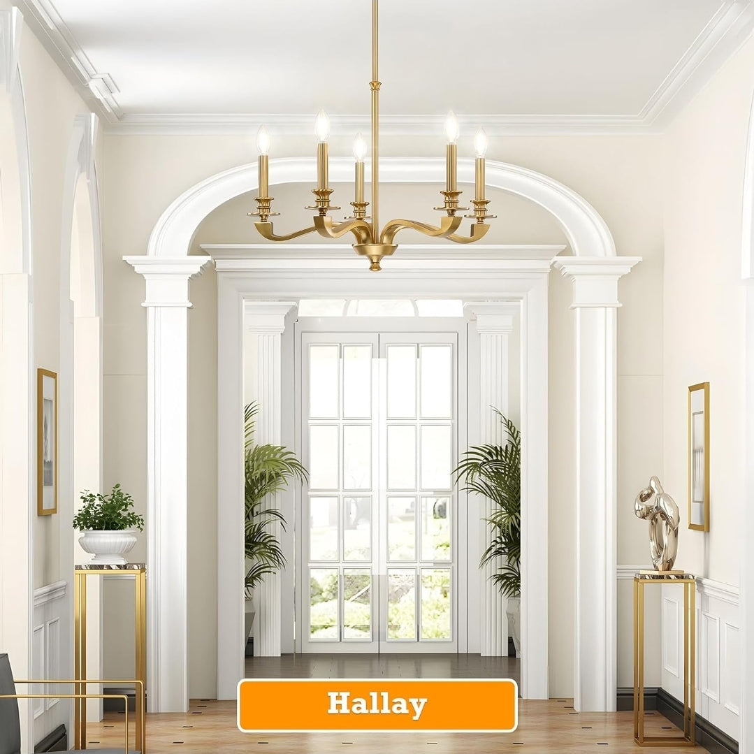 Gold Chandeliers for Dining Room, 25.5 Inch Vintage Gold Chandelier Light Fixture Over Table, Farmhouse Candle Chandeliers, 5-Light Brass Chandeliers for Kitchen, Bedroom, Living Room (E12 Base)