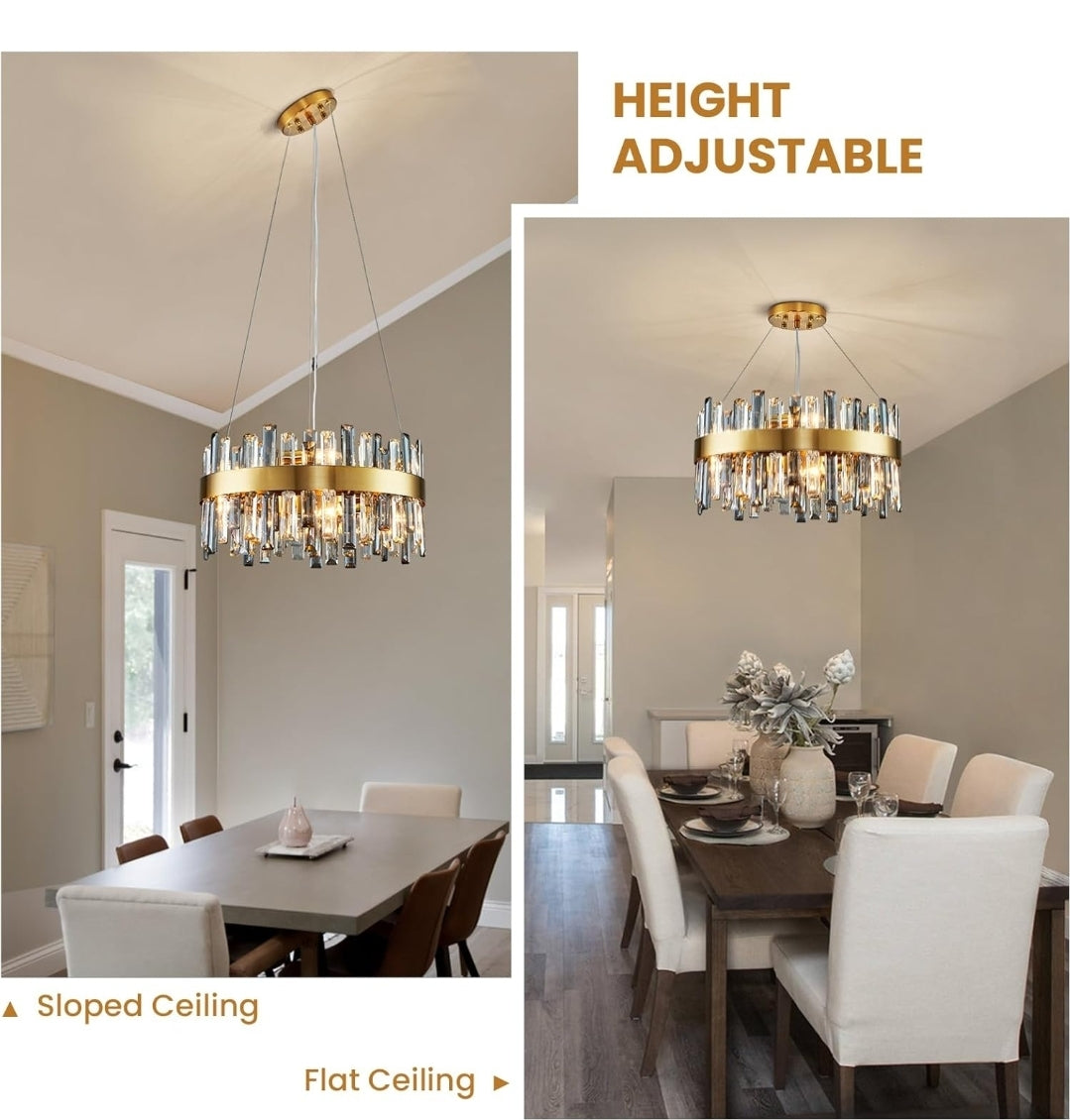 Siljoy 19.7'' Modern Crystal Chandelier, 12-Light Brass Gold Round Raindrop Chandelier Lighting, Luxury Adjustable Hanging Pendant Light Fixture for Living Dining Room Kitchen Island Bedroom Foyer