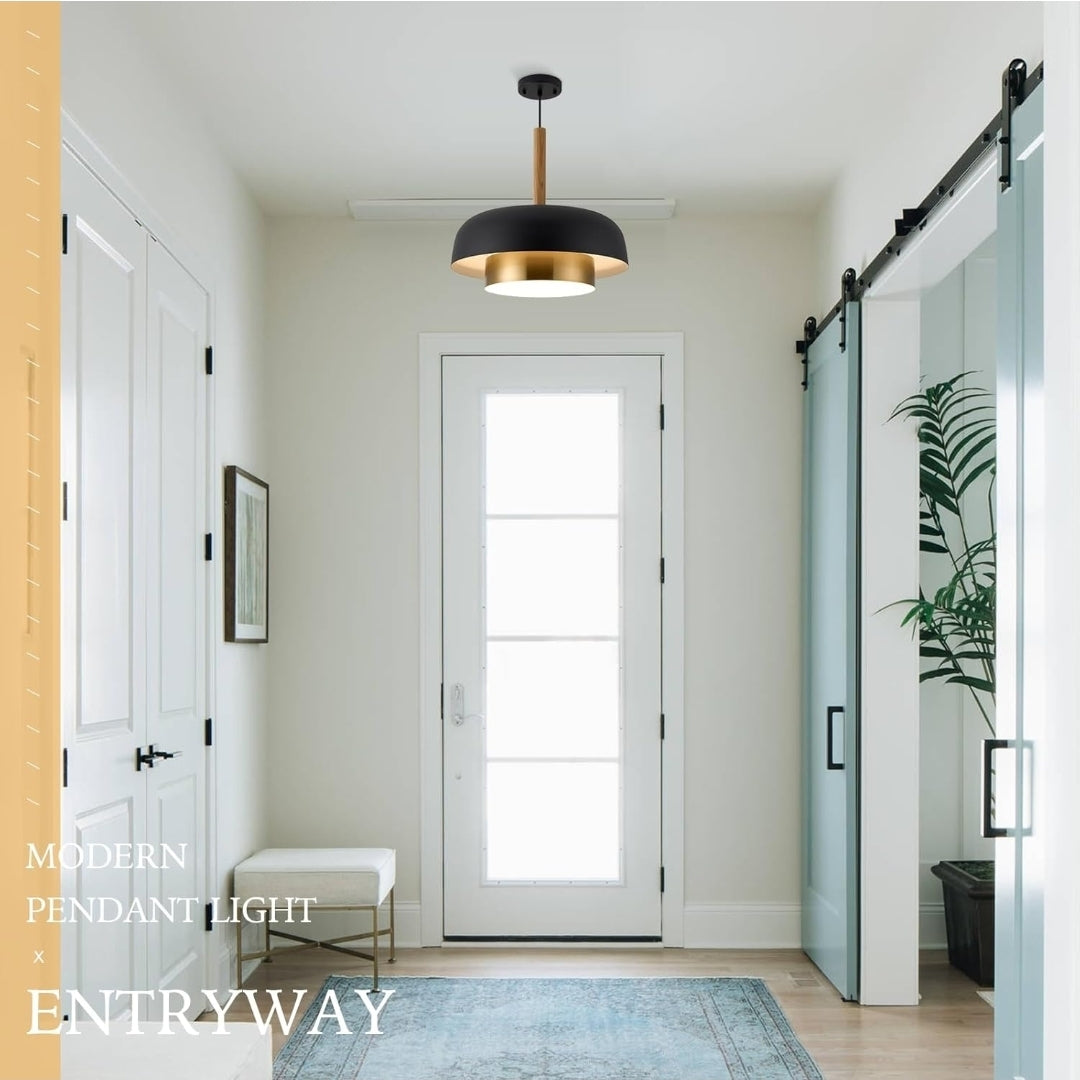 Mid Century Pendant Lighting,18.8 inch,2 Tiers,Raw Wood Accent,Black and Gold Modern Chandelier for Kitchen Island, Dining Room, Living Room