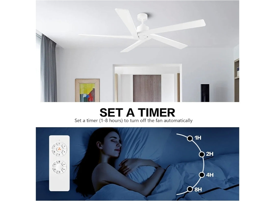 WINGBO 72 Inch DC Ceiling Fan No Light with 3 Downrods, 5 Reversible Carved Solid Wood Blades, 6-Speed Noiseless DC Motor, Ceiling Fan without Lights in White Finish, ETL Listed