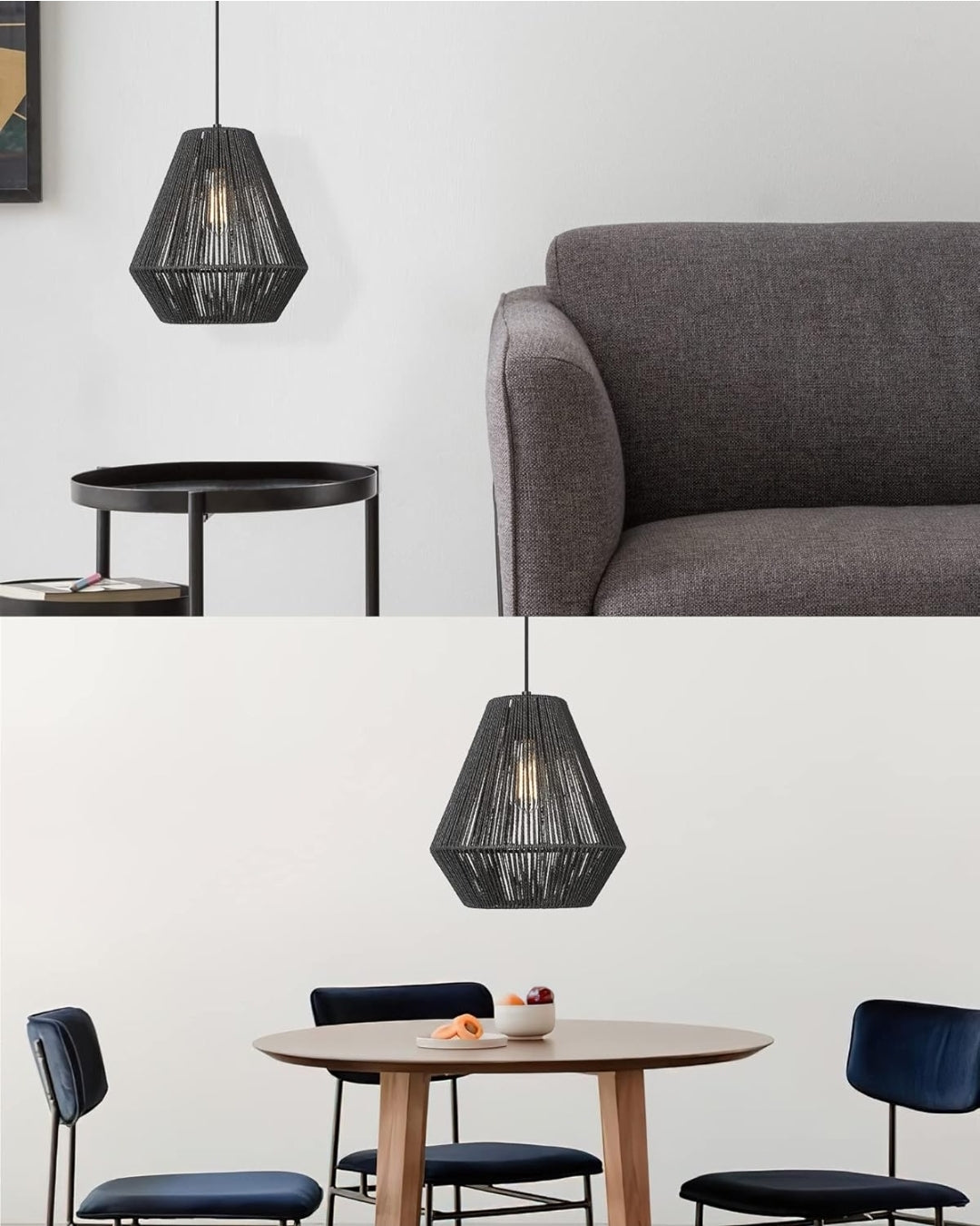 ELYONA Modern Woven Pendant Light Fixtures 11.8" Farmhouse Coastal Hanging Lamp Matte Black Handwoven Rattan Basket Shade Boho Pendant Light for Kitchen Island Dining Room Bar Bedroom Foyer Hallway