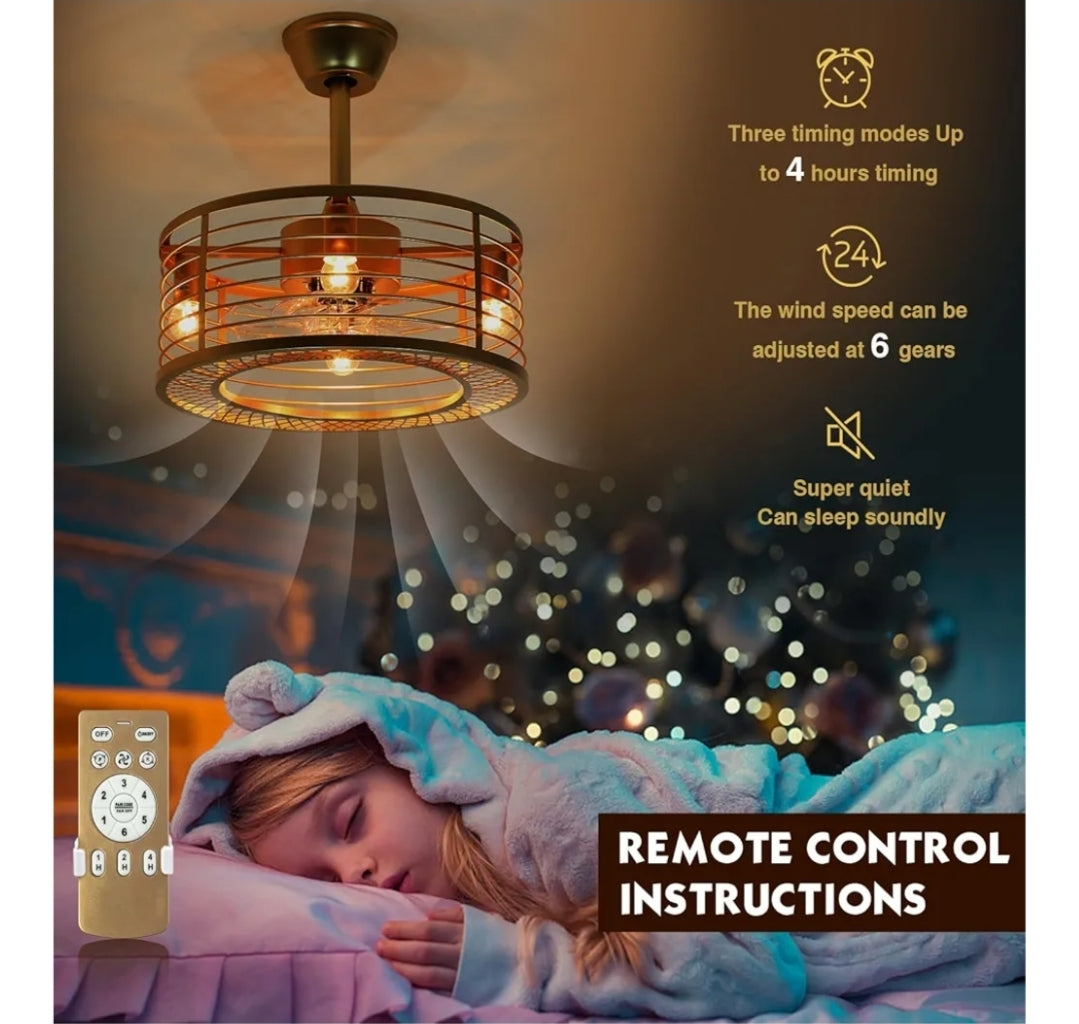 Gold Caged Ceiling Fans with Lights and Remote Control 6-Speed Reversible Noiseless Motor 18" Fandelier Ceiling Fans with Lights Bladeless Ceiling Fan Light for Bedroom and Kitchen