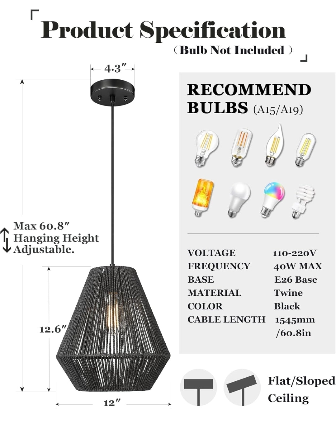 ELYONA Modern Woven Pendant Light Fixtures 11.8" Farmhouse Coastal Hanging Lamp Matte Black Handwoven Rattan Basket Shade Boho Pendant Light for Kitchen Island Dining Room Bar Bedroom Foyer Hallway
