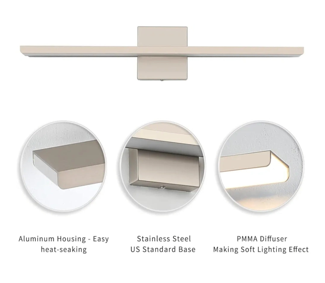 JUSHENG Brushed Nickel Vanity Light Modern Bathroom Light Fixtures Dimmable LED Bar 24 Inch 24W 3000K Warm White