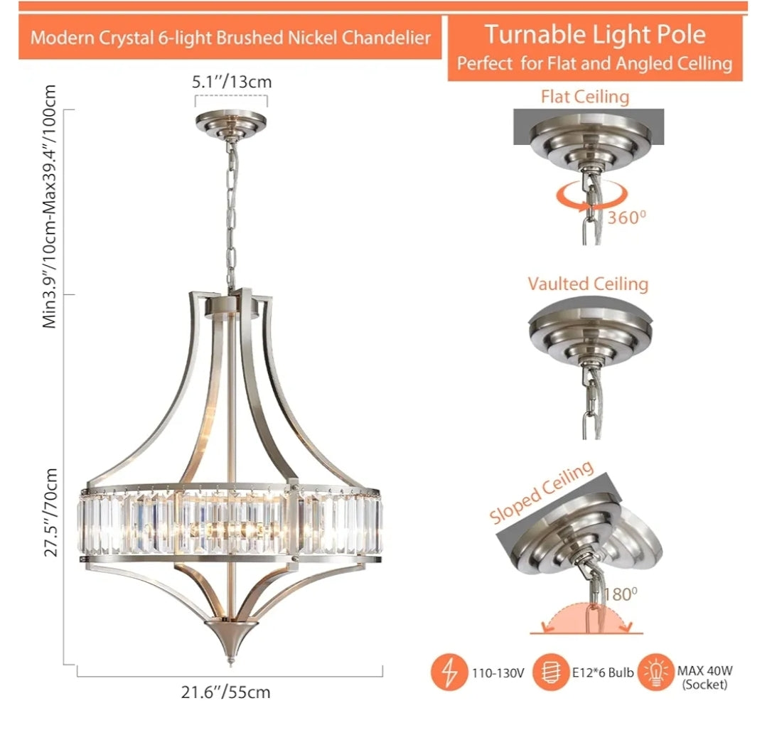 Rustic Large Farmhouse Chandelier for Dining Room with Round Metal Shade 6-Light Brushed Nickel Light Fixture, Crystal Chandeliers for Hallway, Bedroom, Foyer