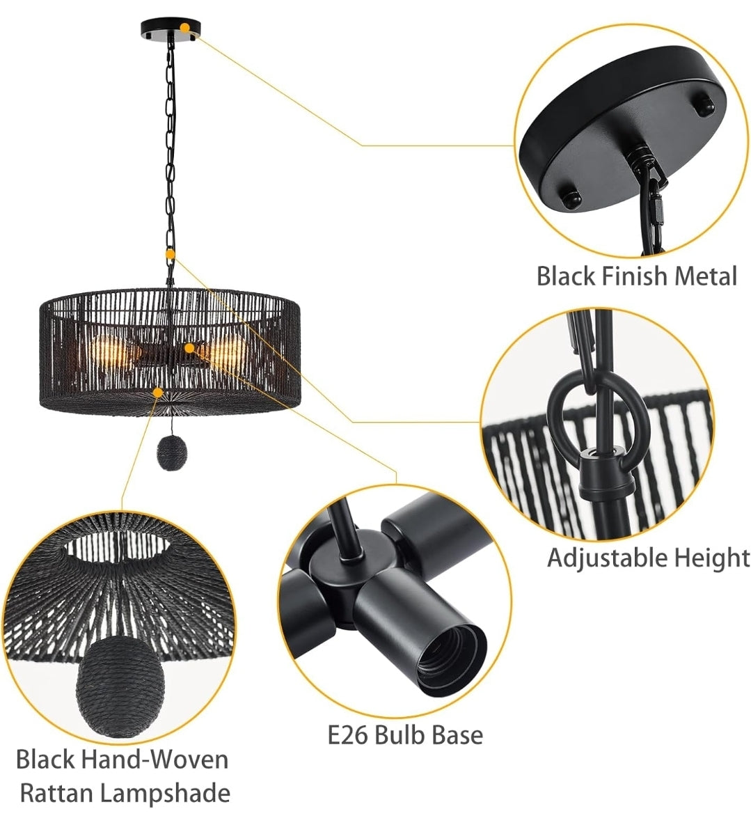 Drum Rattan Chandelier Light Fixture, Vintage Farmhouse 4-Lights Black Hand Woven Bamboo Chandelier, Rustic 19.7" for Dining Room, Bedroom, Kitchen