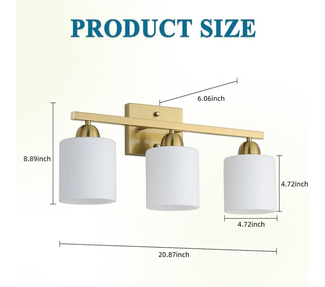 Stainless Steel Milk Glass Bathroom Vanity Light Over Mirror, 3 Light Brushed Gold Bathroom Light Fixtures with Frosted Glass, Modern Vanity Lighting Wall Mount