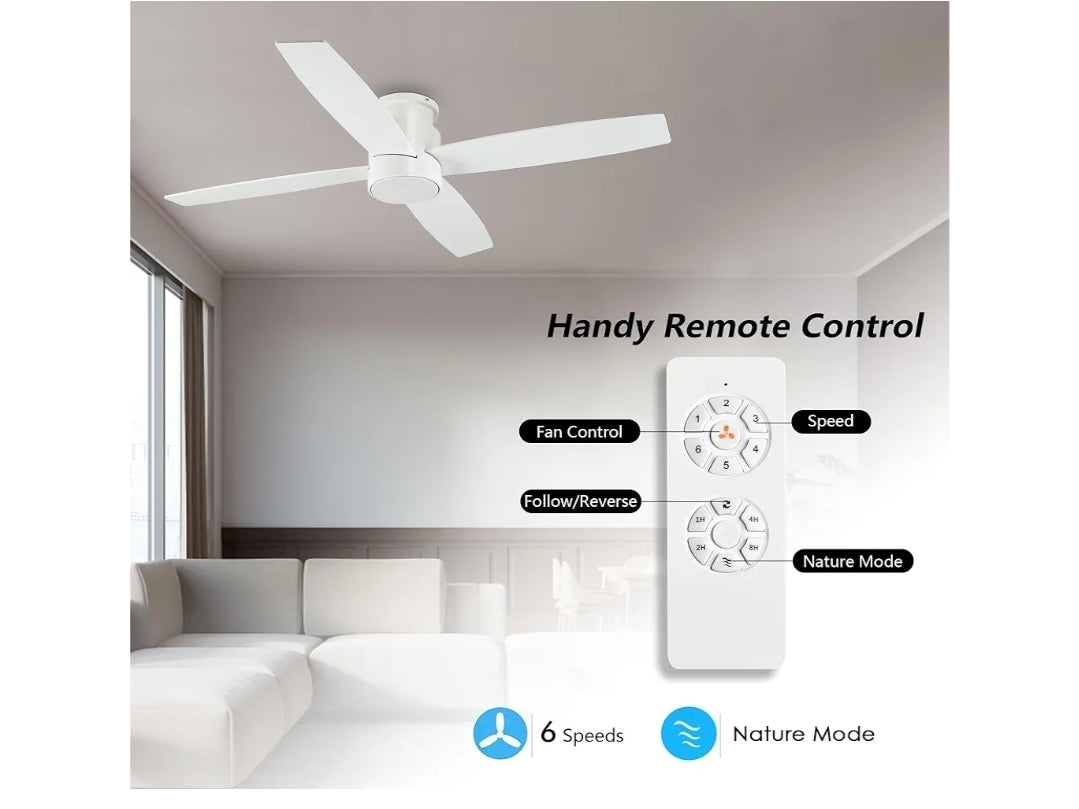 WINGBO 52" Flush Mount DC Ceiling Fan without Lights, 4 Reversible Blades, Ultra Quiet 6-Speed DC Motor, Hugger Low Profile Indoor Ceiling Fan No Lights, White Finish