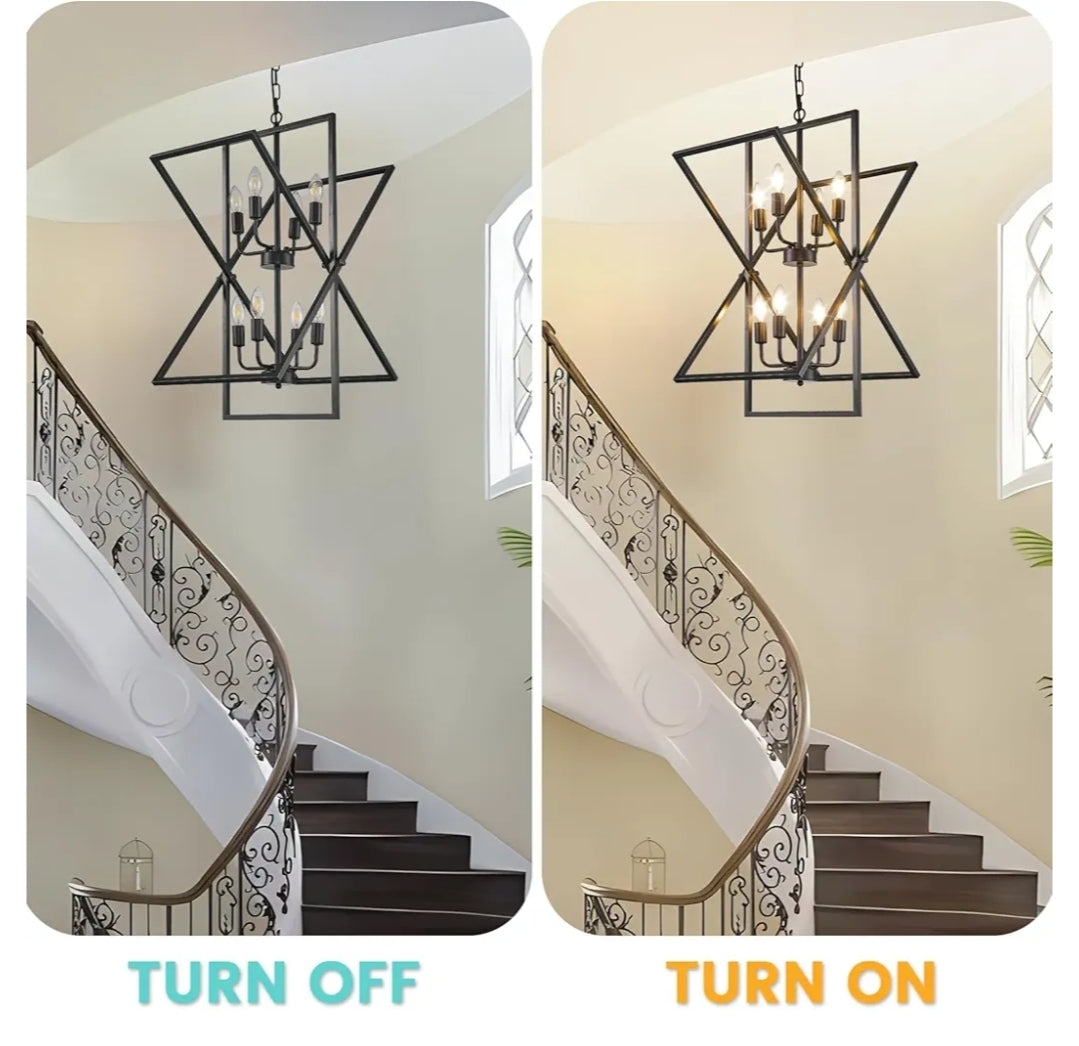 Black Chandelier, 8-Light Industrial Farmhouse Ceiling Pendant Light Fixtures, Modern Foyer Lighting Fixtures, Large Chandeliers for High Ceilings, Pendant Lights Kitchen Island for Staircase,Entryway