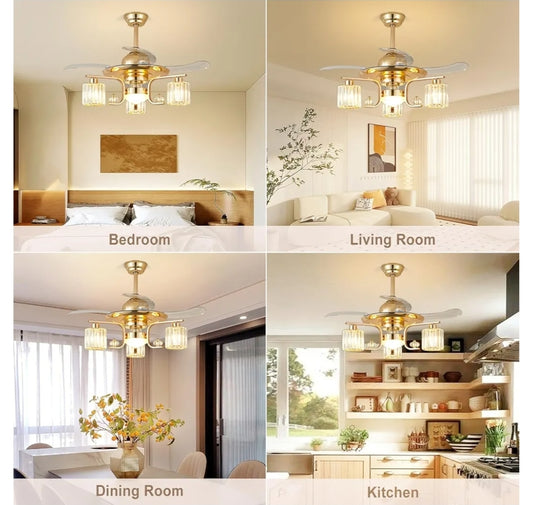 48" Retractable Ceiling Fan with Lights: Modern 3-Light Chandelier Ceiling Light Fan with Crystal Lantern Shade for Bedroom Kitchen - Gold Crystal Fandelier Fan with Remote for Living Room