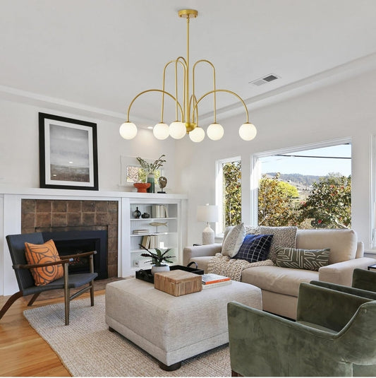 30" Mid Century Arch Chandelier, Large Modern Pendant Light Fixtures with Milk Glass Globe Shades Antique Brass Brush Paint Finish for Dining Room, Kitchen Island, Foyer, Living Room 6-Light