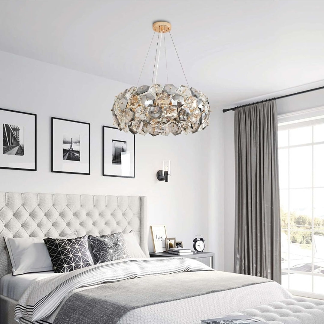 Crystal Chandelier, 12-Lights 24 Inch Gold Modern Round Pendant Lights, Hexagonal Crystals Surrounding Chrome Metal Ceiling Light Fixture, Chandeliers for Dining Room Bedroom Living Room