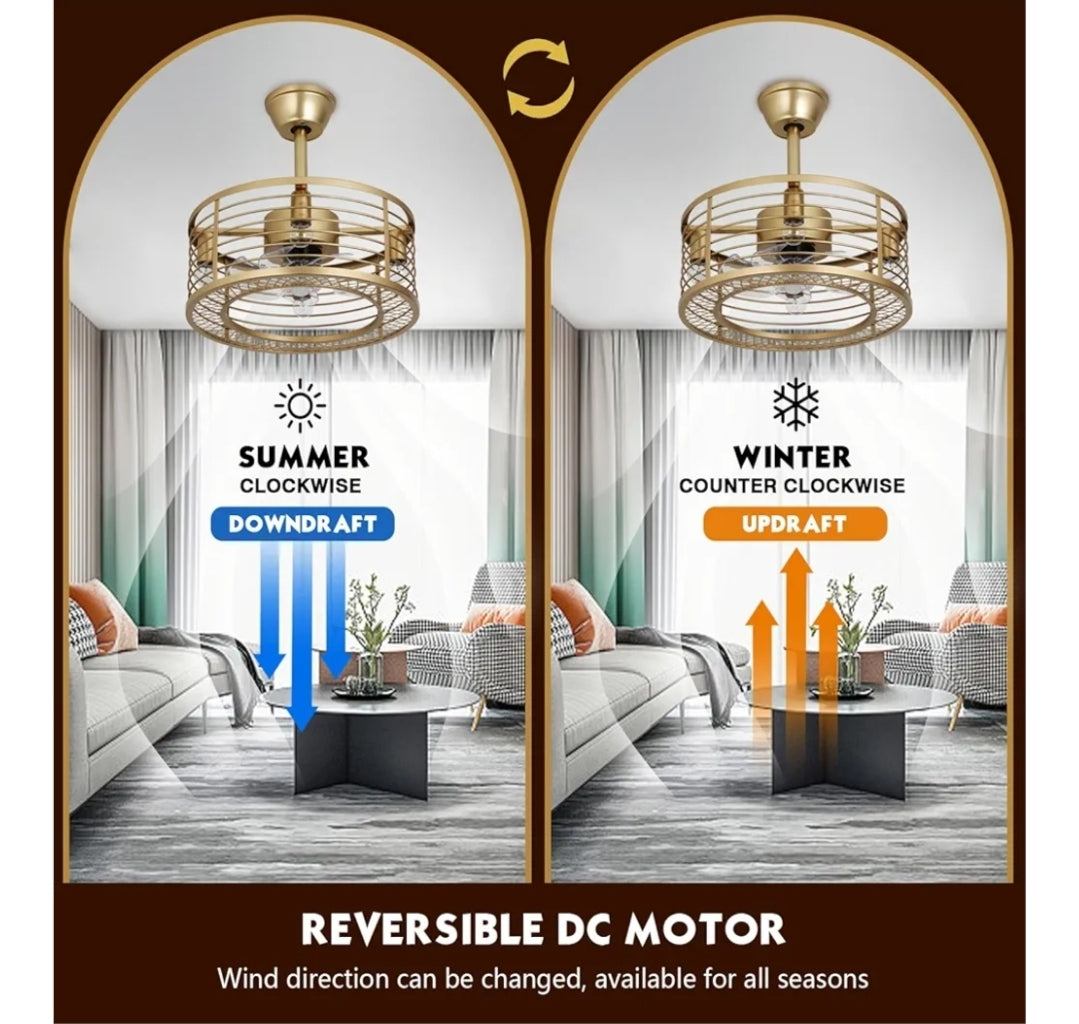 Gold Caged Ceiling Fans with Lights and Remote Control 6-Speed Reversible Noiseless Motor 18" Fandelier Ceiling Fans with Lights Bladeless Ceiling Fan Light for Bedroom and Kitchen