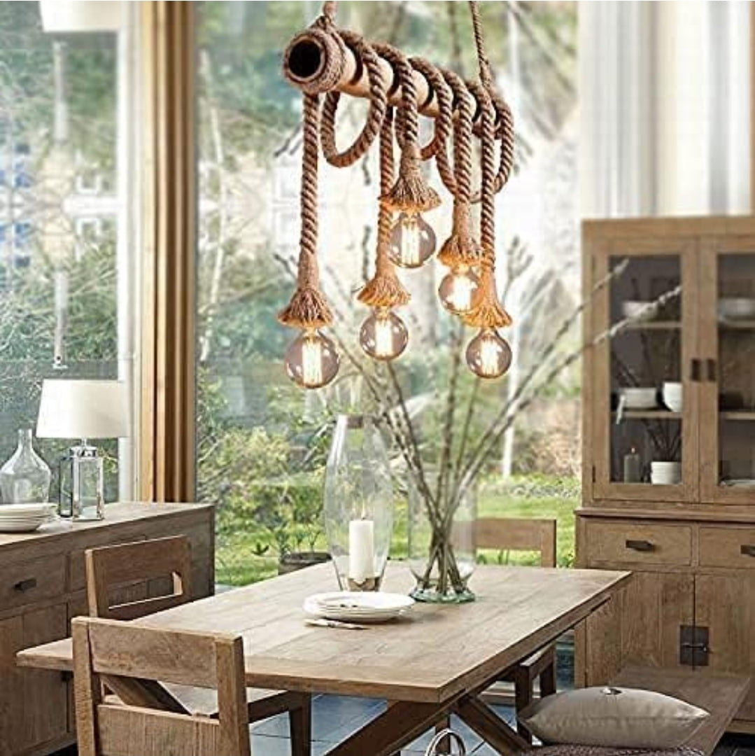 UNITARY Farmhouse Pendant Lights Kitchen Island, Kitchen Light Fixtures, Rustic Dining Room Light Fixture with 6 E26 Bulb Sockets, Black Metal and Bamboo Ceiling Pendant Light Fixtures