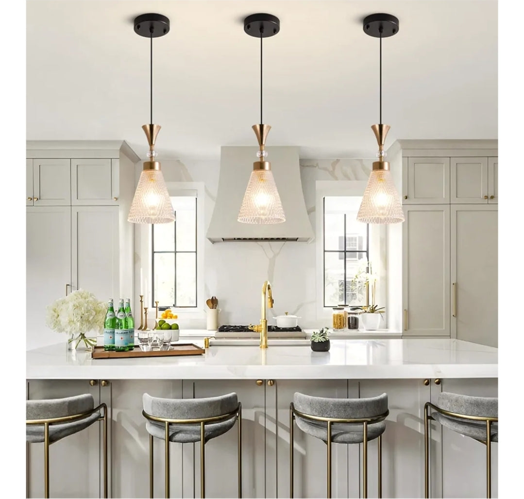 Industrial Pendant Light Fixture, Modern Clear Glass Crystals Shade Pendant Lighting Adjustable Cord for Kitchen Island Dining Room Sink, Black and Gold, 3 Packs