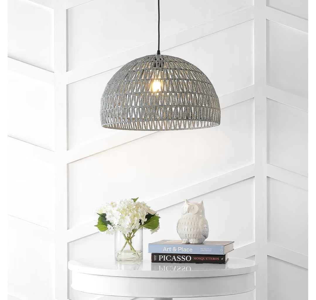 JONATHAN Y JYL6504D Campana 20" 1-Light Bohemian Modern Woven Rattan/Iron LED Pendant Farmhouse Coastal Adjustable Dining Room Living Room Kitchen Island Foyer Bedroom Hallway, Grey/Black