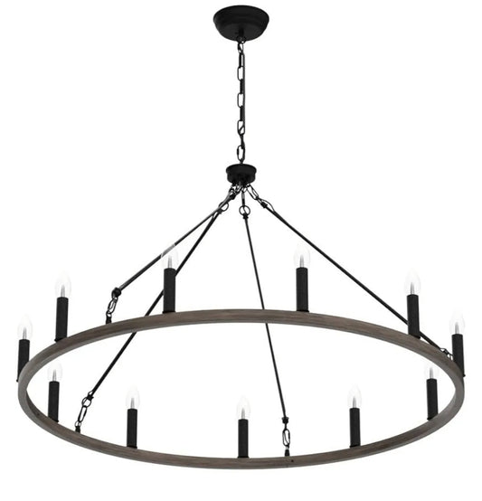 ANKYLHUA Wagon Wheel Chandelier 38 Inch, 12-Light Black and Metal Faux Wood Farmhouse Round Industrial Ceiling Light fixtures for Outdoor Porch high Ceilings Living Foyer Entryway Dining Room