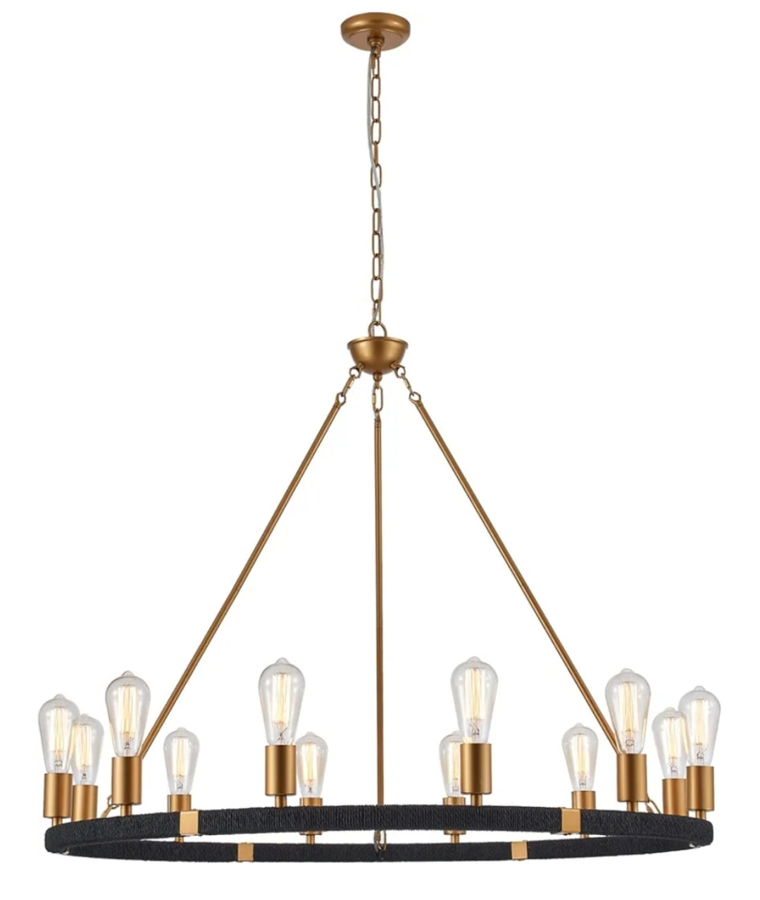 12-Lights Wagon Wheel Chandelier Bohemia Black Hand Woven Rattan Chandelier Farmhouse Large Brass Pendant Light for High Ceilings Living Room Dining Room, Dia 42 Inch, UL Listed
