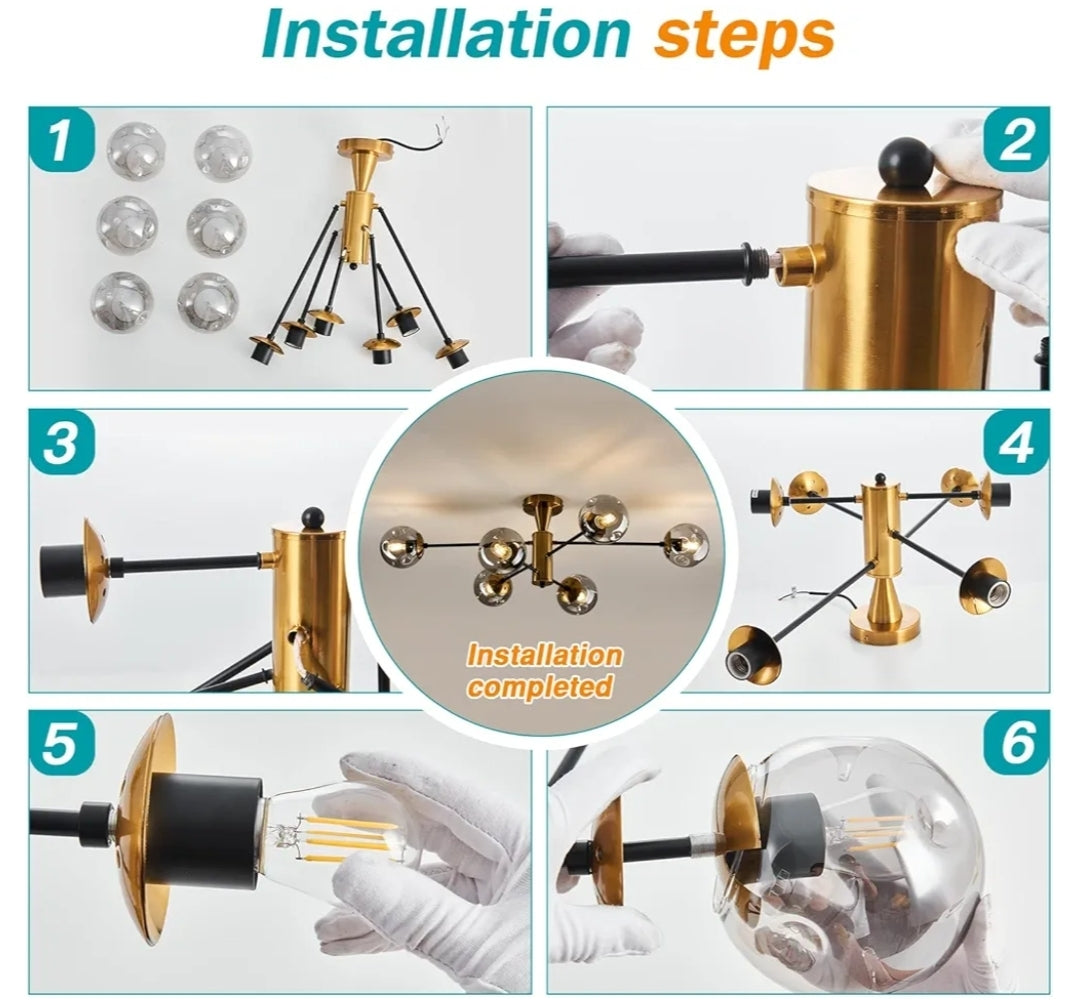Modern Semi Flush Mount Ceiling Light Fixture 6-Light Sputnik Gold Chandelier with Glass Globe Mid Century Ceiling Lighting for Dinning Room Farmhouse Kitchen Bedroom Living Room.