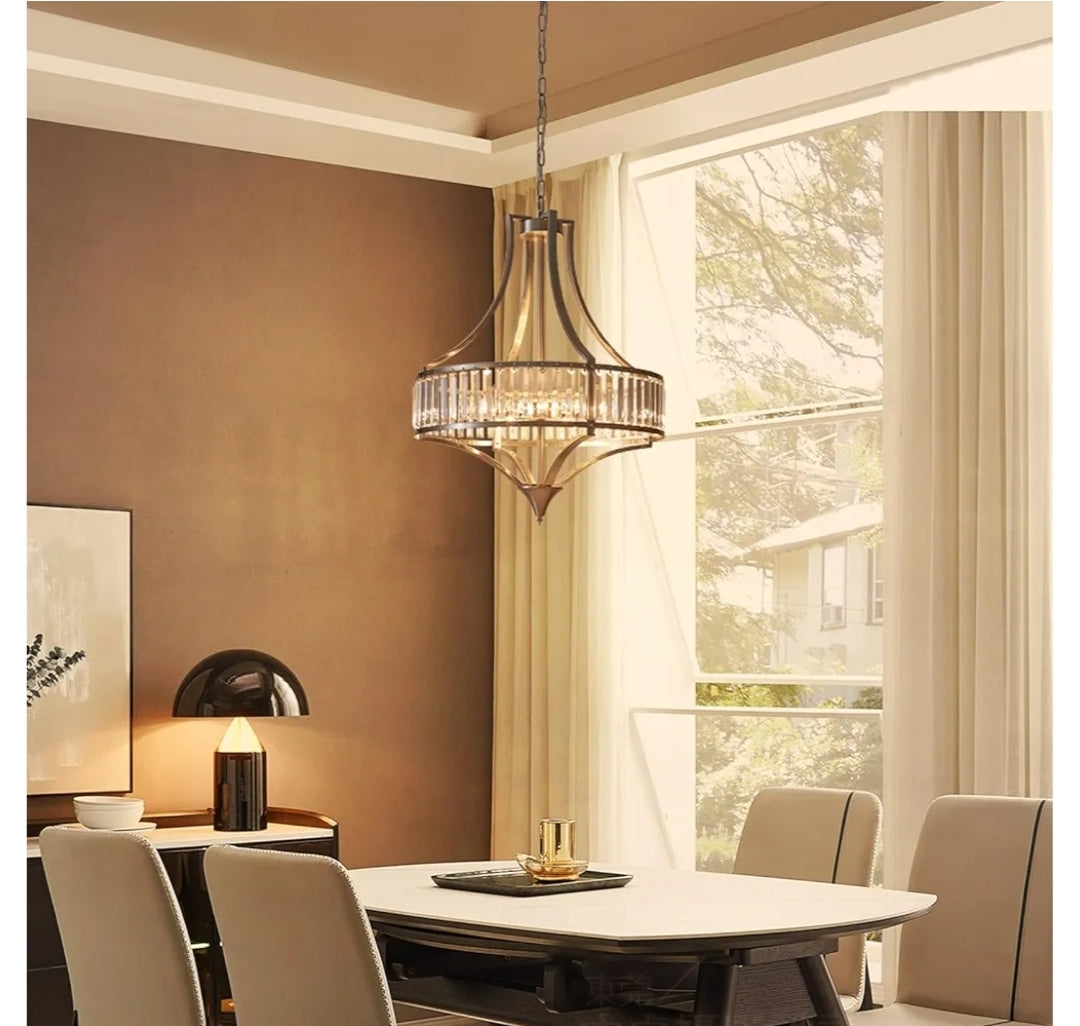 Rustic Large Farmhouse Chandelier for Dining Room with Round Metal Shade 6-Light Brushed Nickel Light Fixture, Crystal Chandeliers for Hallway, Bedroom, Foyer