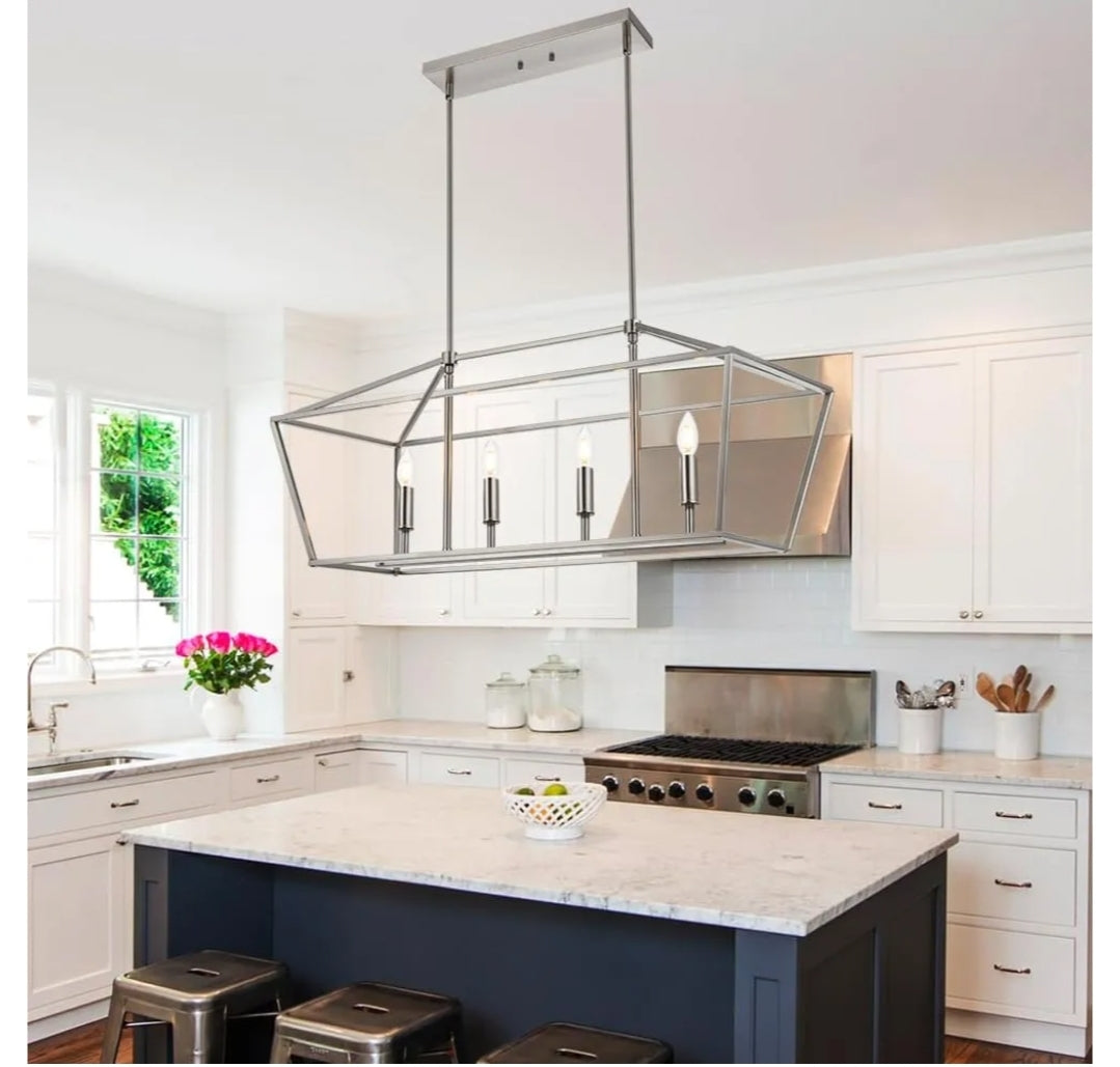 4-Lights Brushed Nickel Farmhouse Chandelier, Dining Room Pendant Lighting Fixtures Adjustable Height, Kitchen Island Light Ceiling Mount E12 Socket