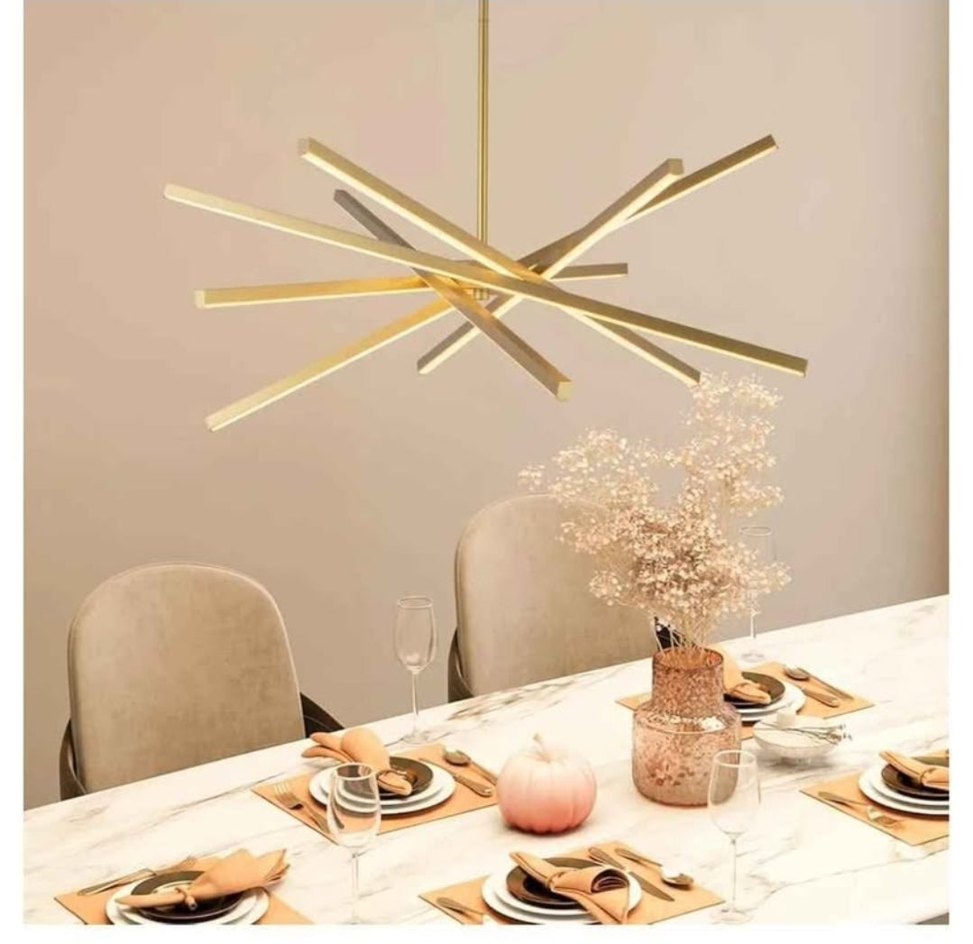 Modern Gold Chandelier Light Fixtures - LED 6-Lights Dining Room Linear Chandeliers Pendant Lights Fixture Over Table 3000K 4500K 6000K 3-Color Dimmable for Kitchen Island Living Room