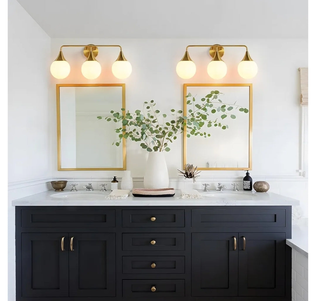 Bathroom Vanity Light Fixtures: 3-Light Mid Century Modern Bathroom Lighting Fixtures Over Mirror - Brass Gold Wall Sconce with Milky White Globe Glass for Bath Living Room