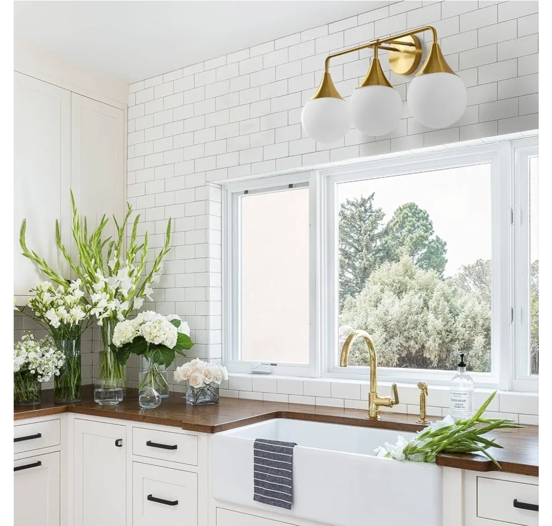 Bathroom Vanity Light Fixtures: 3-Light Mid Century Modern Bathroom Lighting Fixtures Over Mirror - Brass Gold Wall Sconce with Milky White Globe Glass for Bath Living Room