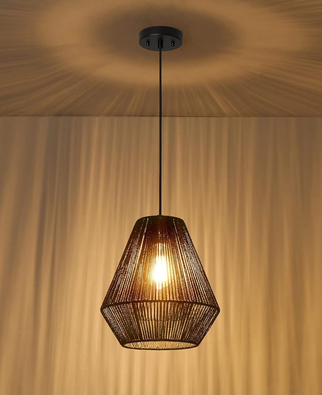 ELYONA Modern Woven Pendant Light Fixtures 11.8" Farmhouse Coastal Hanging Lamp Matte Black Handwoven Rattan Basket Shade Boho Pendant Light for Kitchen Island Dining Room Bar Bedroom Foyer Hallway