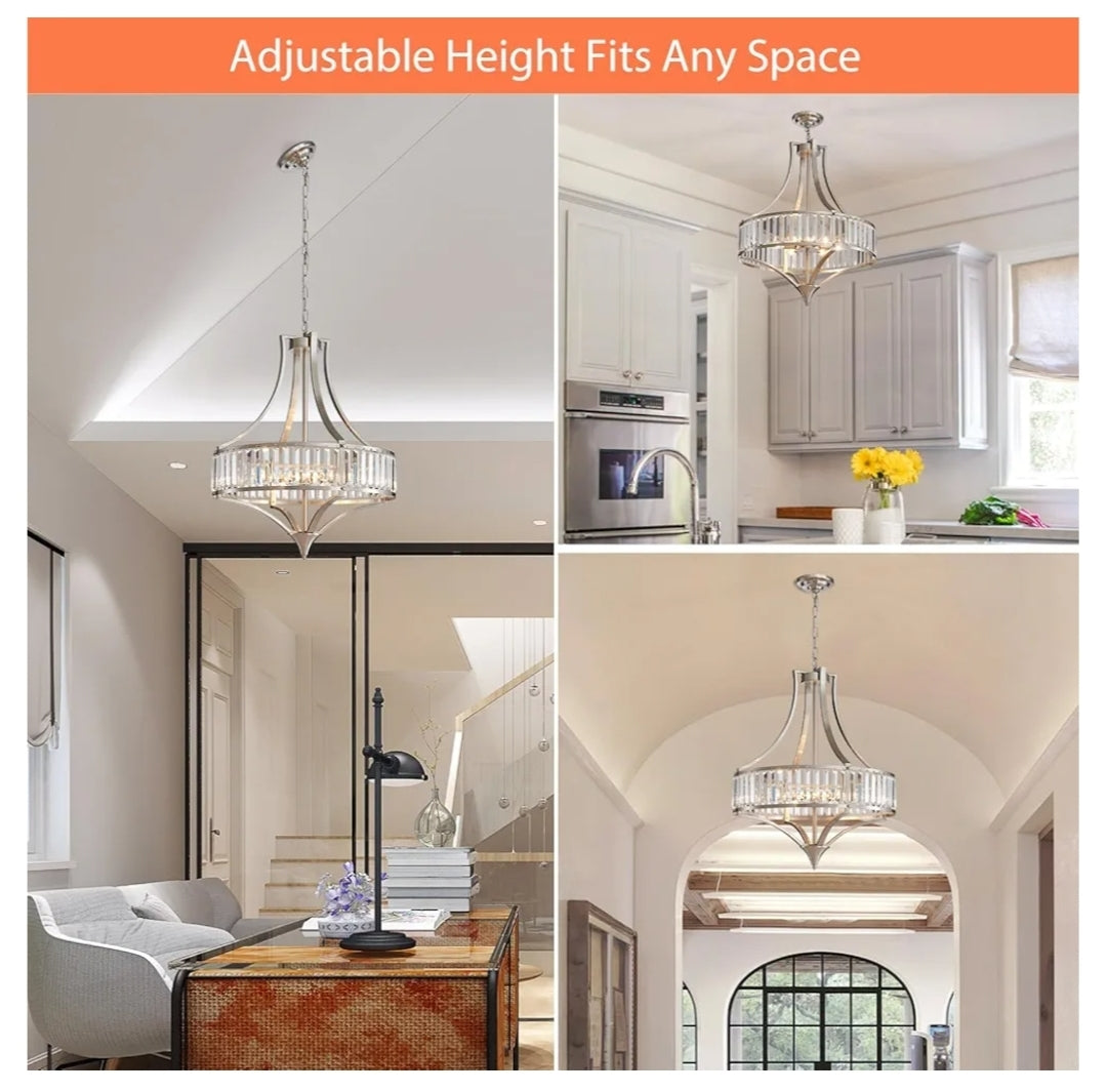 Rustic Large Farmhouse Chandelier for Dining Room with Round Metal Shade 6-Light Brushed Nickel Light Fixture, Crystal Chandeliers for Hallway, Bedroom, Foyer