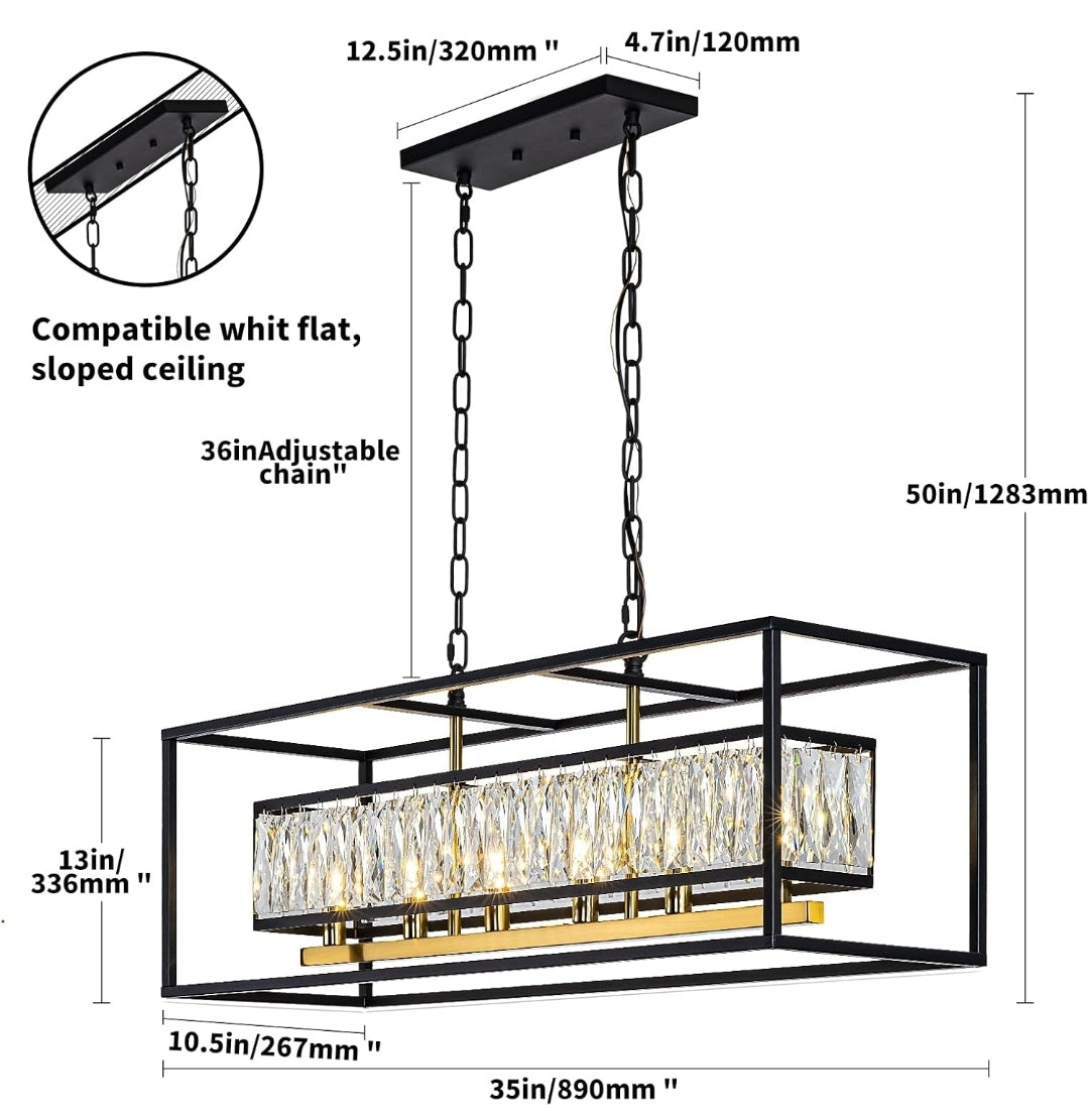 Black Crystal Chandelier for Dining Room 6-Light Rectangle Modern Farmhouse Lighting Linear Contemporary Kitchen Island Pendant Light with Adjustable Chain L35 (UL Certified)
