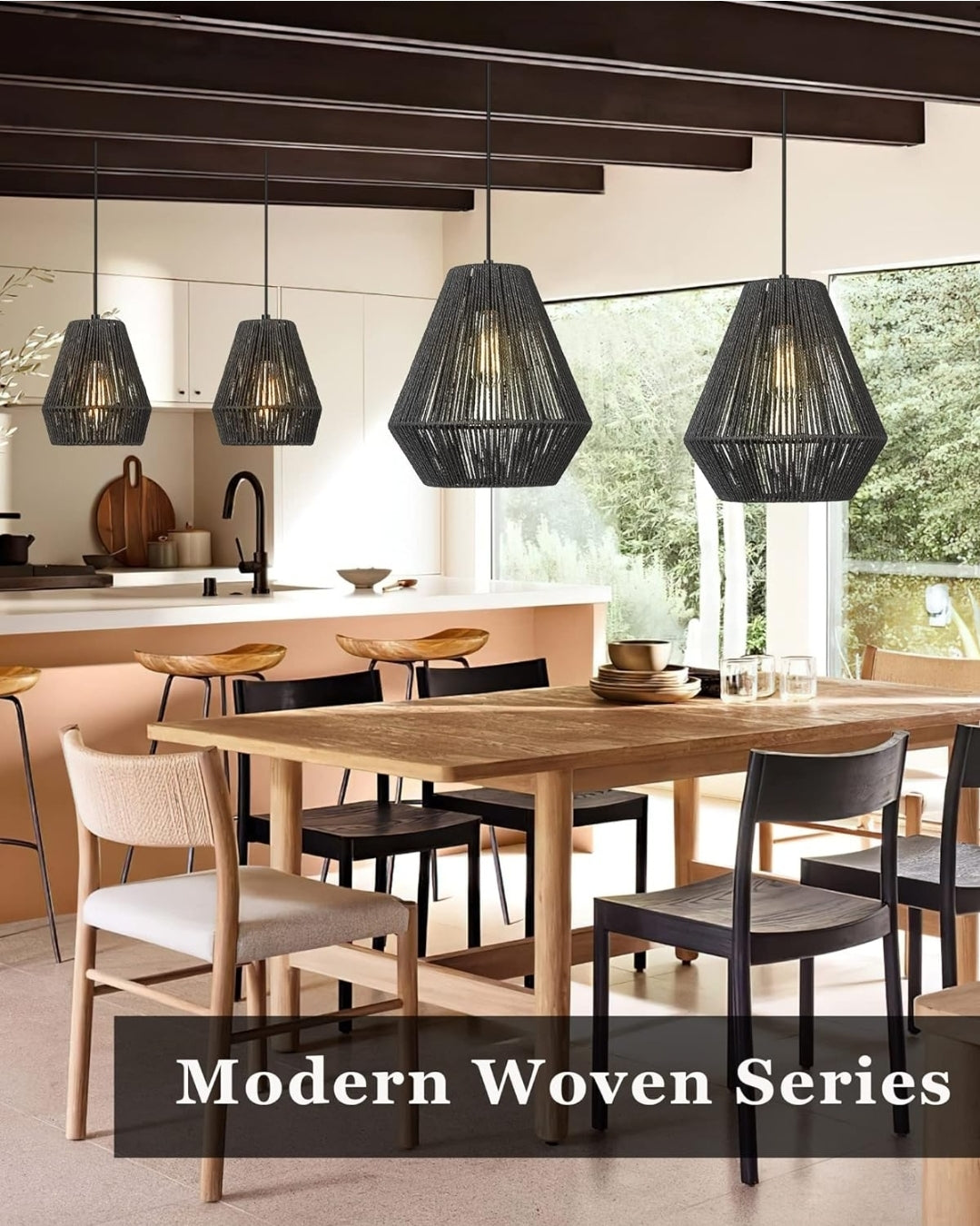ELYONA Modern Woven Pendant Light Fixtures 11.8" Farmhouse Coastal Hanging Lamp Matte Black Handwoven Rattan Basket Shade Boho Pendant Light for Kitchen Island Dining Room Bar Bedroom Foyer Hallway