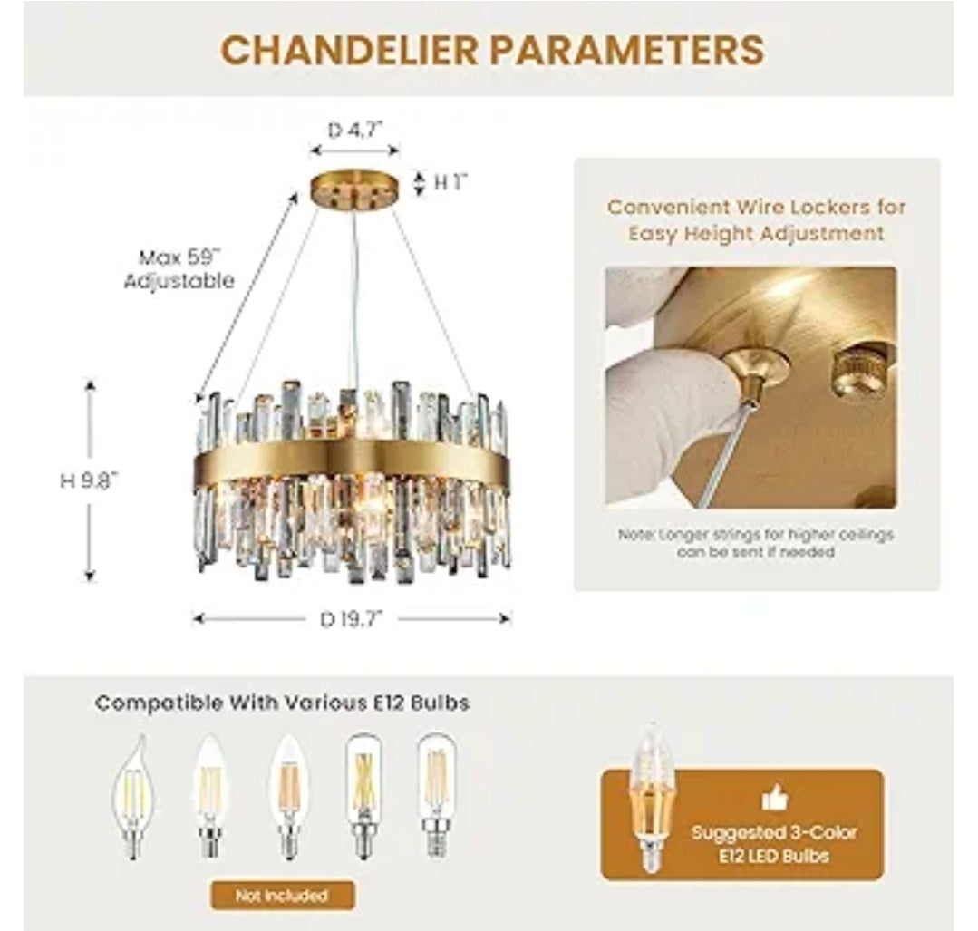Siljoy 19.7'' Modern Crystal Chandelier, 12-Light Brass Gold Round Raindrop Chandelier Lighting, Luxury Adjustable Hanging Pendant Light Fixture for Living Dining Room Kitchen Island Bedroom Foyer