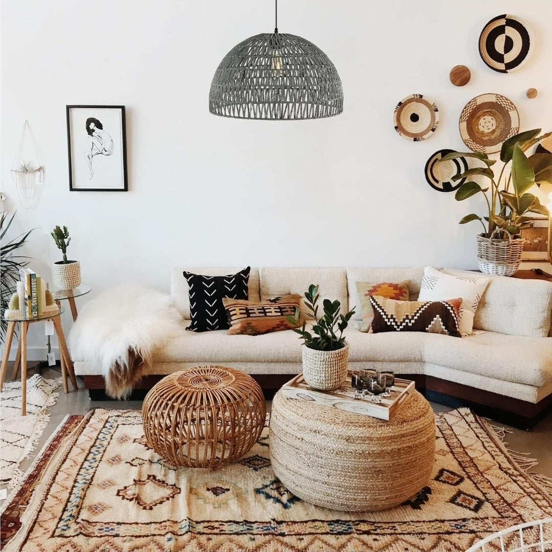 JONATHAN Y JYL6504D Campana 20" 1-Light Bohemian Modern Woven Rattan/Iron LED Pendant Farmhouse Coastal Adjustable Dining Room Living Room Kitchen Island Foyer Bedroom Hallway, Grey/Black
