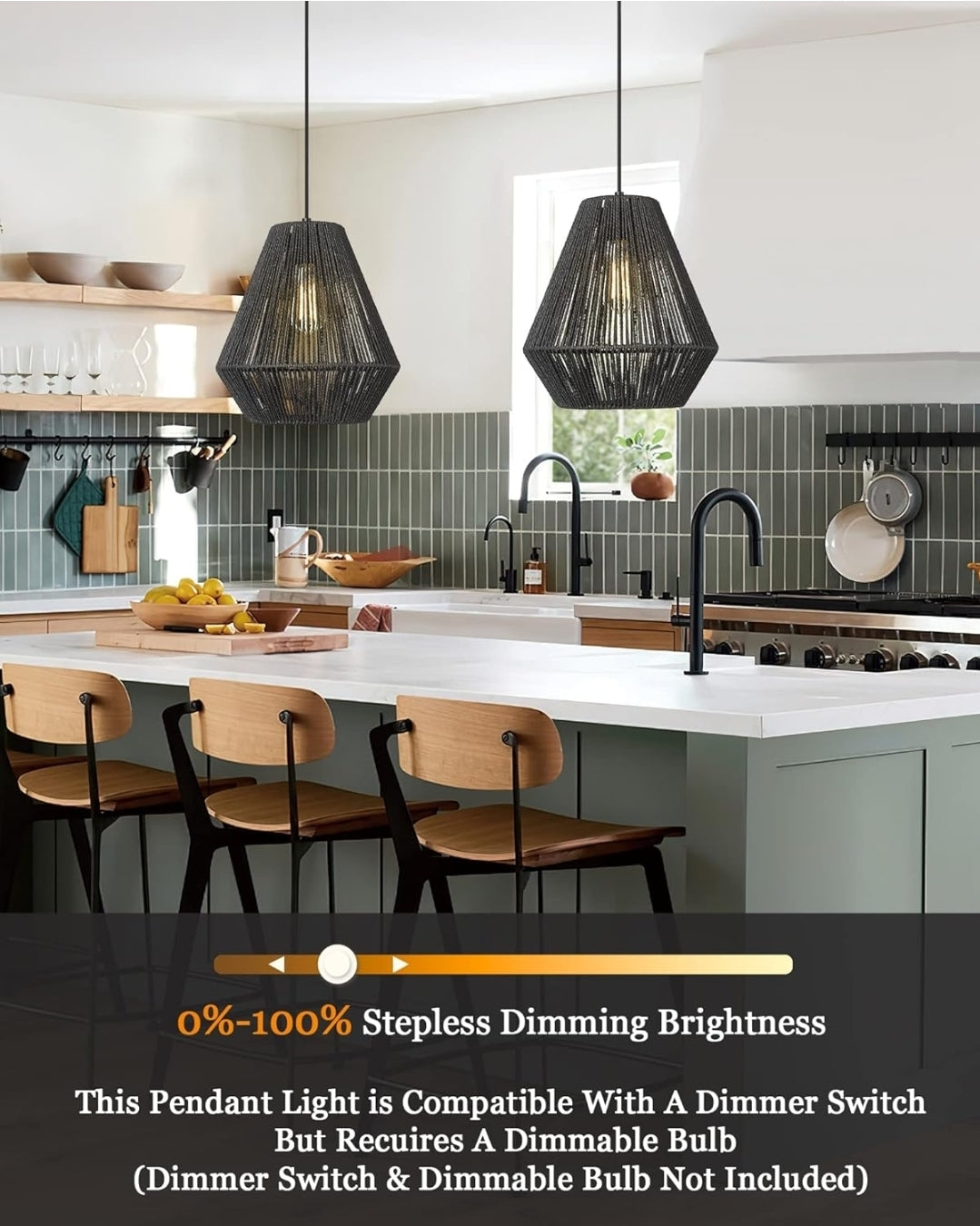 ELYONA Modern Woven Pendant Light Fixtures 11.8" Farmhouse Coastal Hanging Lamp Matte Black Handwoven Rattan Basket Shade Boho Pendant Light for Kitchen Island Dining Room Bar Bedroom Foyer Hallway