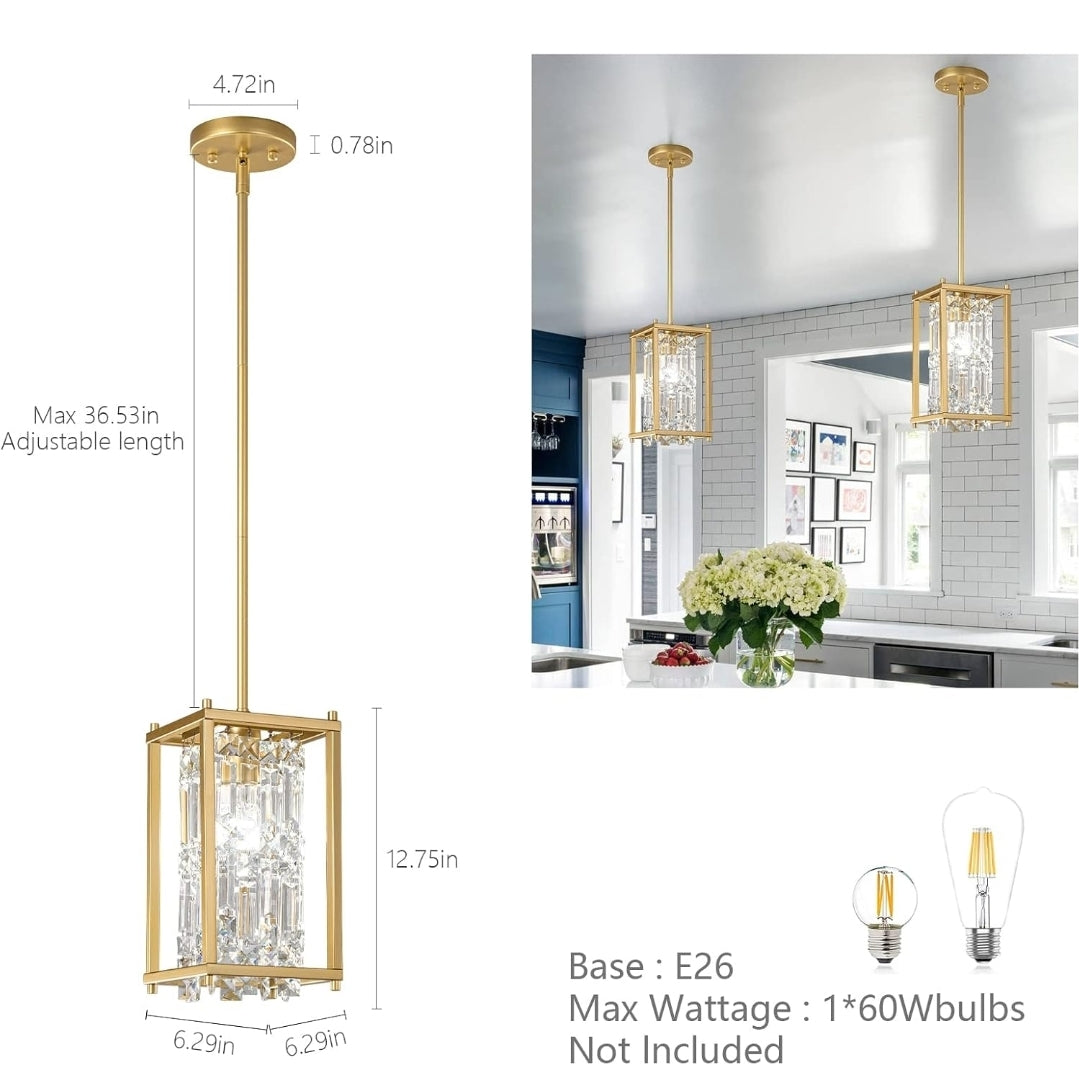 LMQNINE Dining Room Light Fixture Semi Flush Mount Ceiling Light, Industrial Farmhouse Chandelier Gold Metal Crystal Pendant Light for Hallway Balcony Kitchen Island (Square 1-Light)