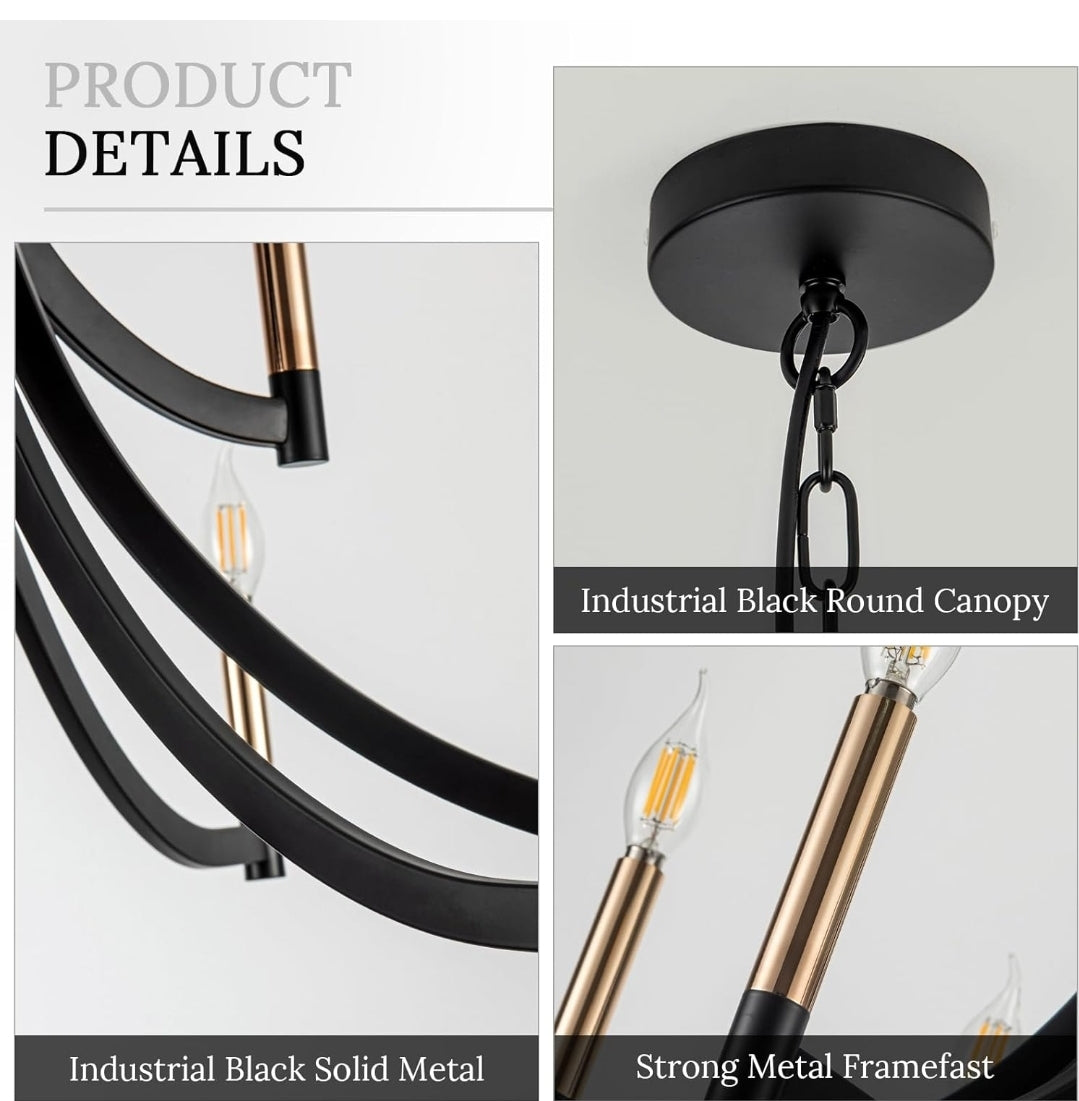 9-Light Modern Chandelier Black and Gold Chandeliers Farmhouse Pendant Light Fixture Candle Chandelier for Dining Room Living Room Entryway Foyer Kitchen