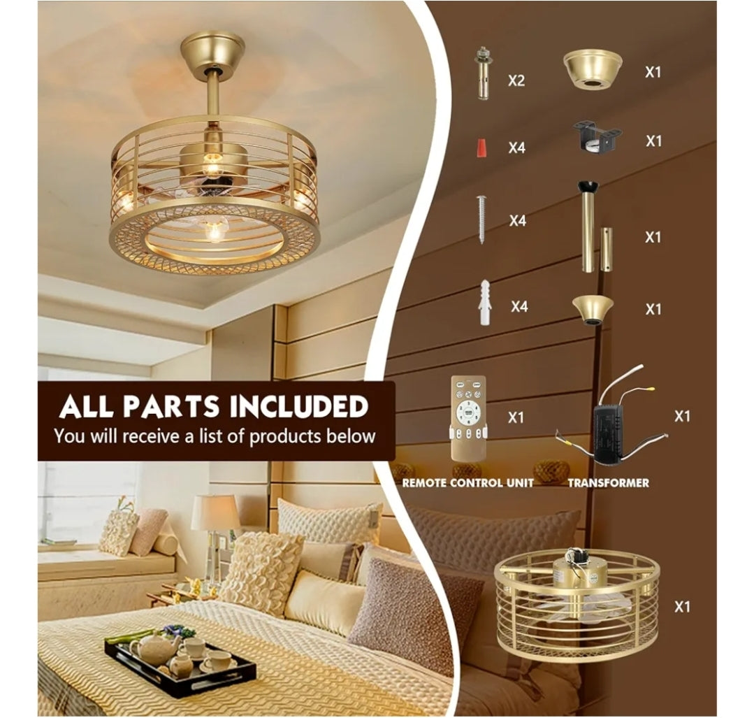 Gold Caged Ceiling Fans with Lights and Remote Control 6-Speed Reversible Noiseless Motor 18" Fandelier Ceiling Fans with Lights Bladeless Ceiling Fan Light for Bedroom and Kitchen