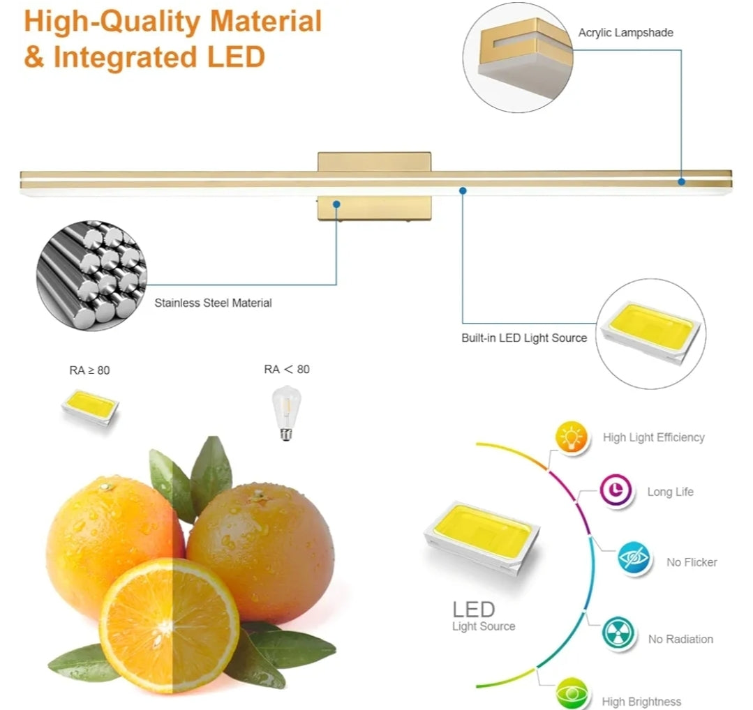 SineRise LED Modern Bathroom Vanity Light Fixtures (48-Inch, 3000K/4000K/6000K, Dimmable), Gold Modern Acrylic Bathroom Wall Lighting Fixtures Over Mirror