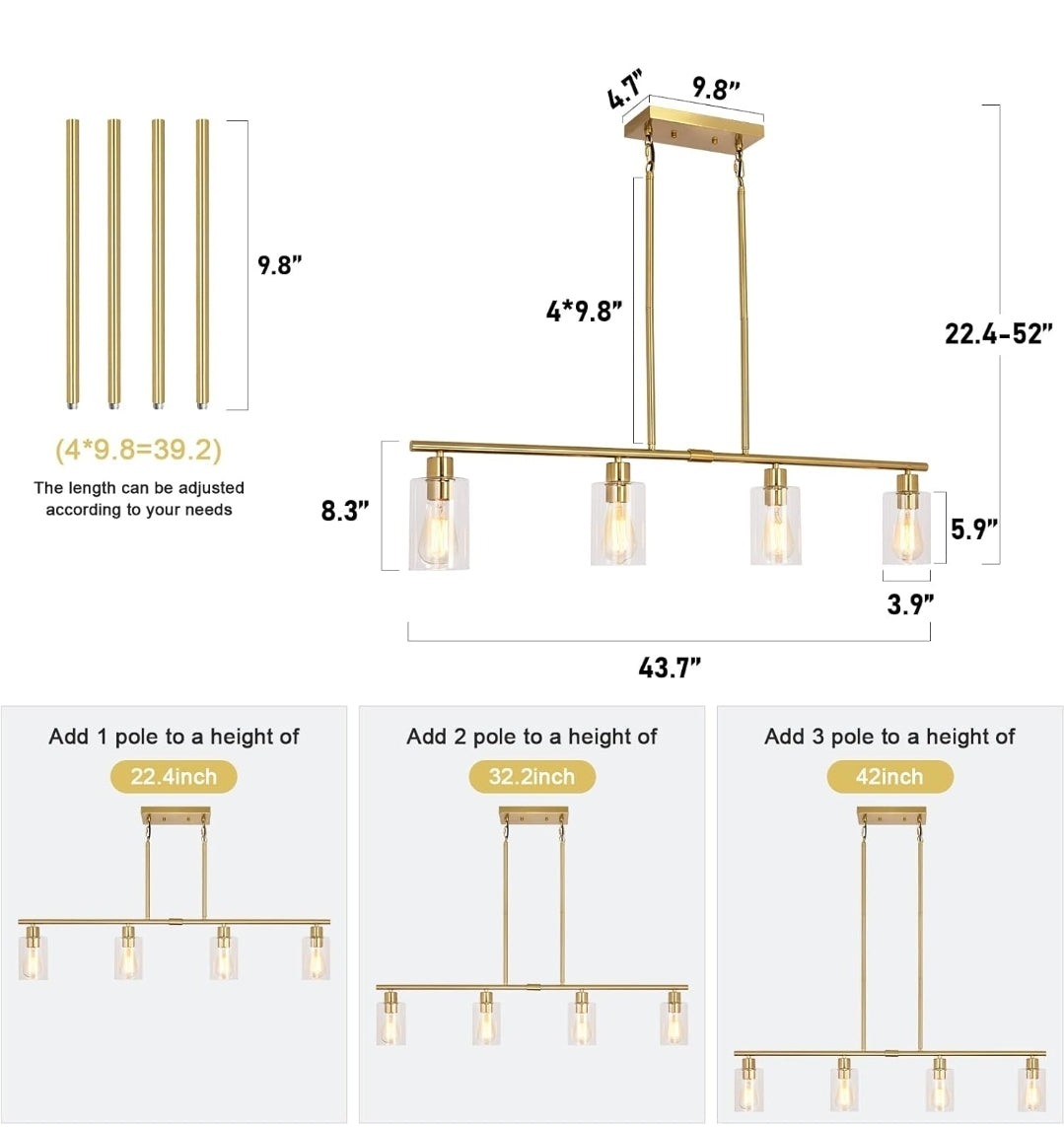 Modern Gold Kitchen Island Chandelier 4-Light Brushed Brass Farmhouse Pendant Light Industrial Kitchen Island Lighting Fixture with Glass Shades Hanging Lamp for Dining Living Room