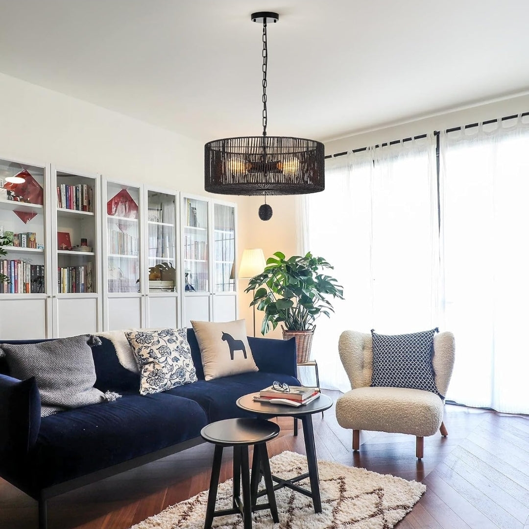 Drum Rattan Chandelier Light Fixture, Vintage Farmhouse 4-Lights Black Hand Woven Bamboo Chandelier, Rustic 19.7" for Dining Room, Bedroom, Kitchen