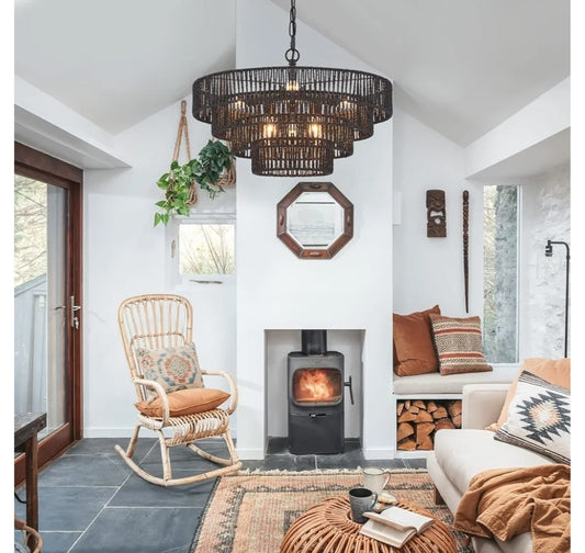 20” Hand-Woven Rattan Chandelier 6-Lights Transitional Minimalist 4 Round Boho Large Pendant Light for Kitchen Island Dining Room Living Room Hallway, Matte Black, UL Listed