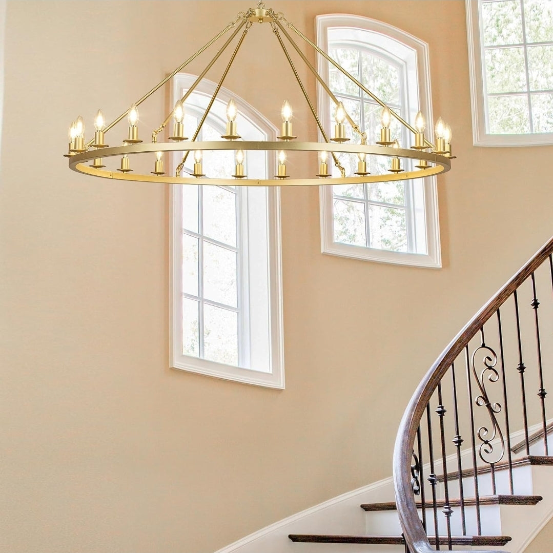 Gold Wagon Wheel Chandelier 53-Inch 24-Light,Extra Large Round Rustic Farmhouse Chandelier Metal Circle Chandeliers for Dining Room Living Room High Ceilings