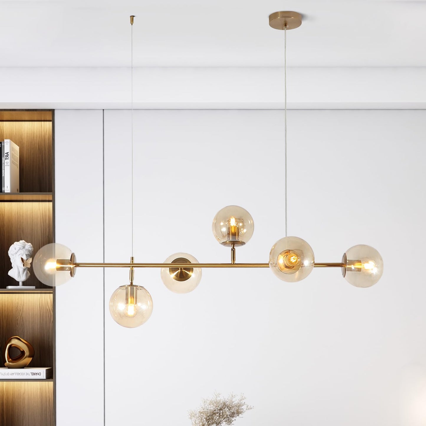 Bektas Globe – Modern Mid-Century Gold Chandelier, 6-Light Gold and Amber Glass Chandelier for Dining Room, Kitchen, Living Room